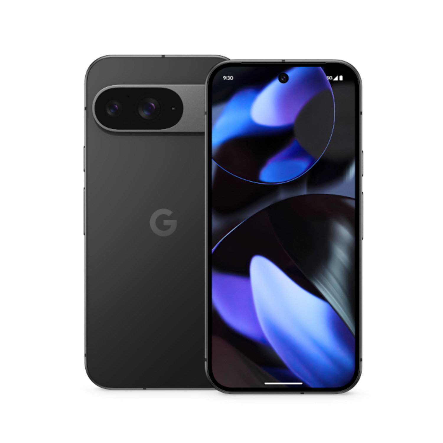 Zwarte telefoon met zwarte camerabalk, toont scherm met blauwe en zwarte afbeelding.