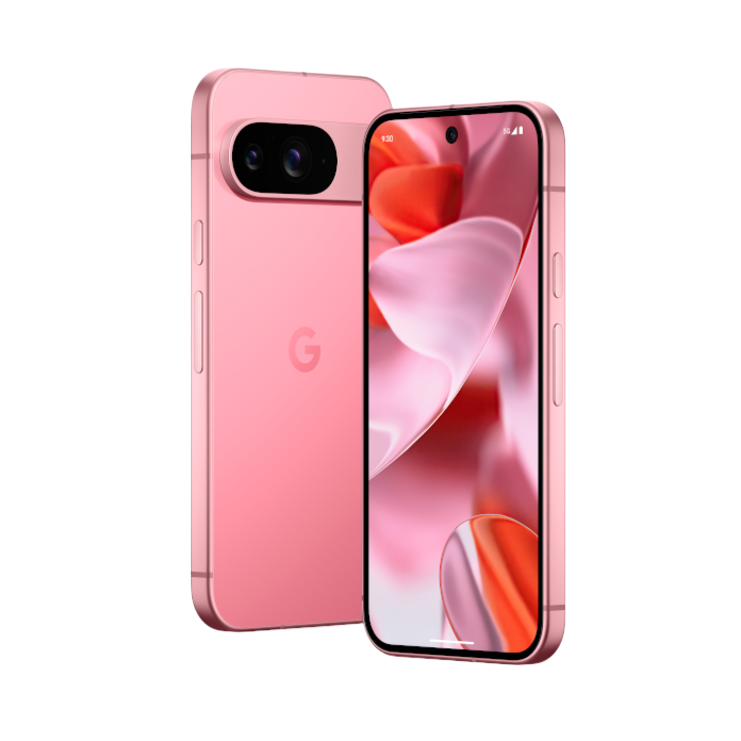 Roze Google-telefoon, twee camera's en een scherm met een roze en oranje abstracte afbeelding.