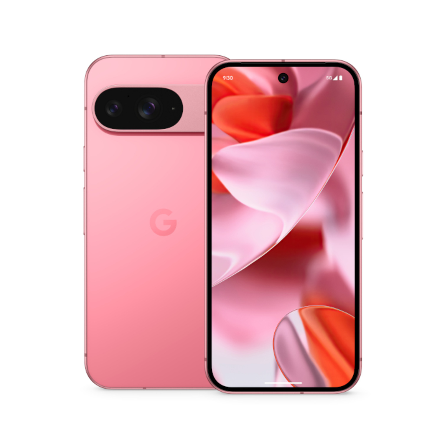 Een roze smartphone, met de achter- en voorkant, met een dubbele camera-opstelling en een scherm.