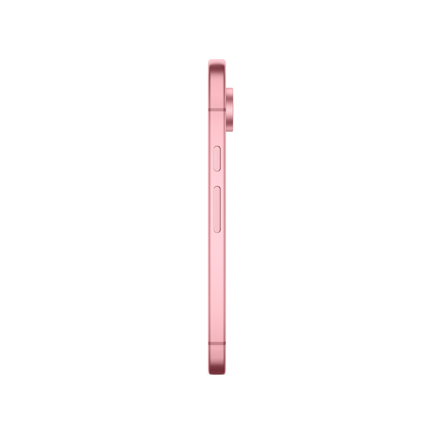 Roze telefoon die de zijkant met knoppen en cameralenzen aan de bovenkant toont.