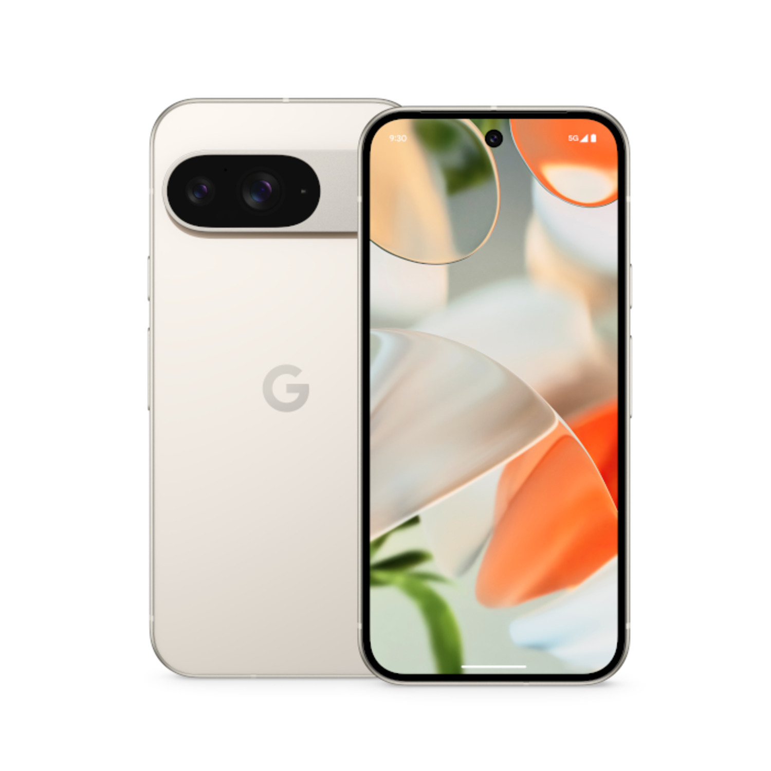 Un téléphone Google bicolore, montrant les vues avant et arrière. L'arrière a une barre de caméra et le logo 'G'.