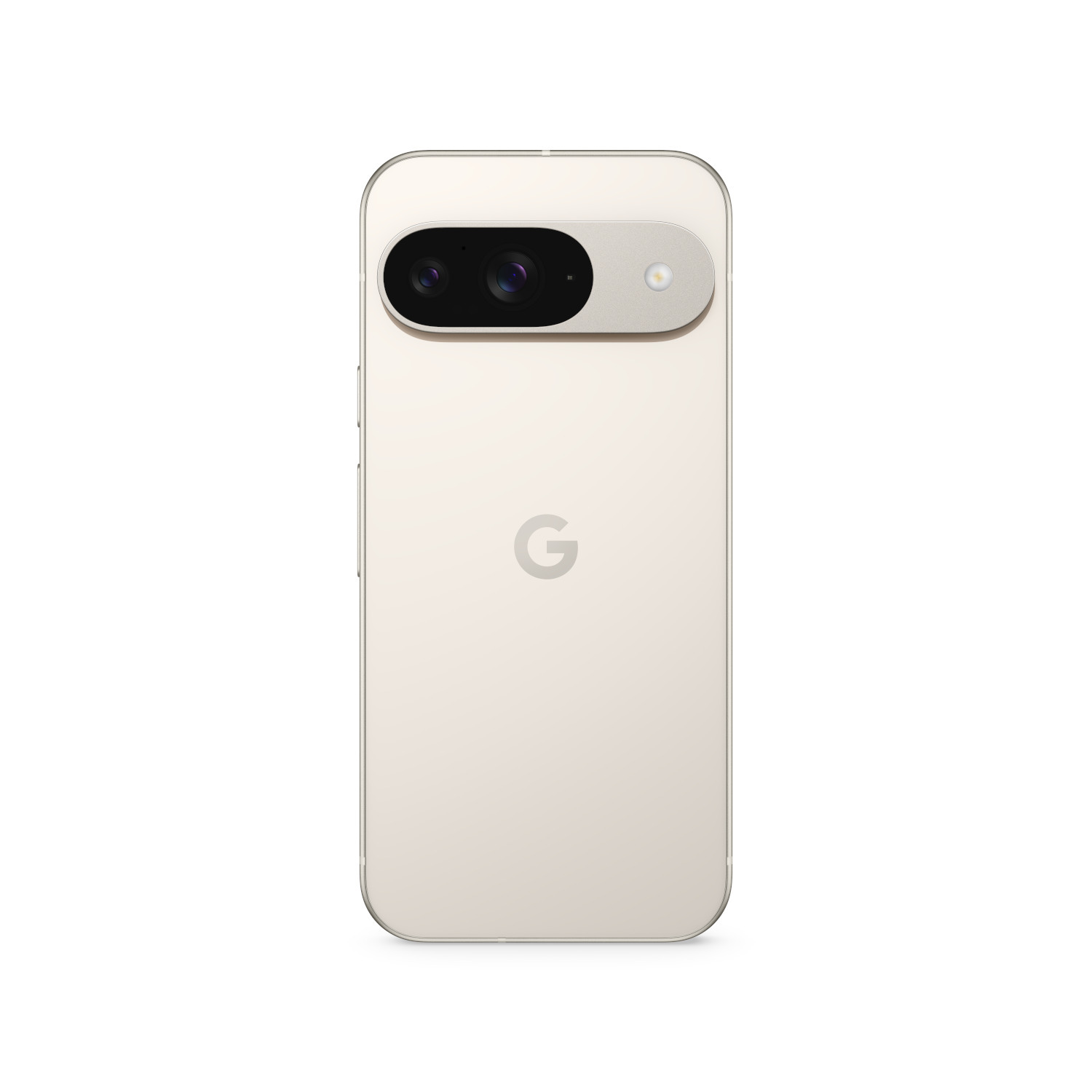 Arrière d'un smartphone crème avec double caméra et logo 'G' sur fond blanc.