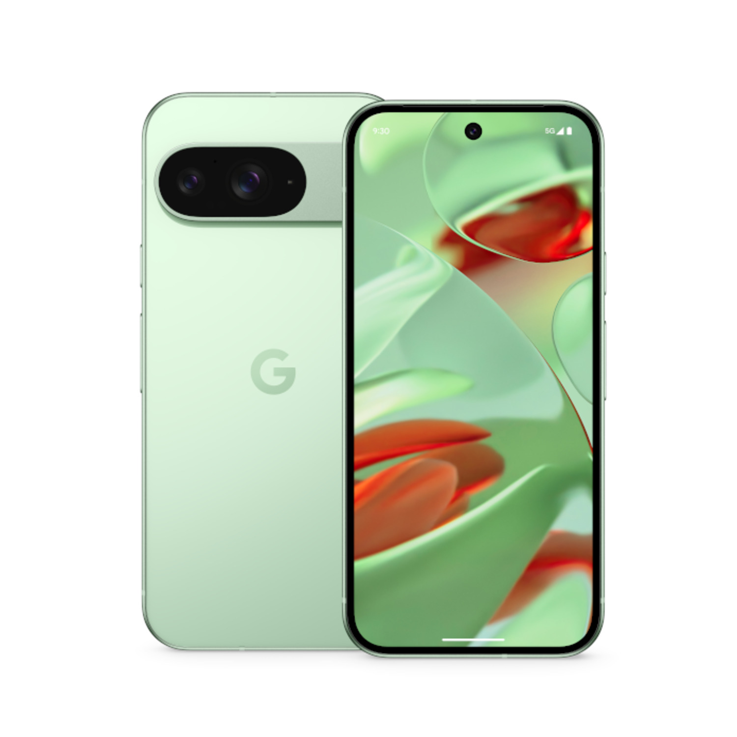 Groene smartphone met een dubbele camera, met een kleurrijk abstract behang.