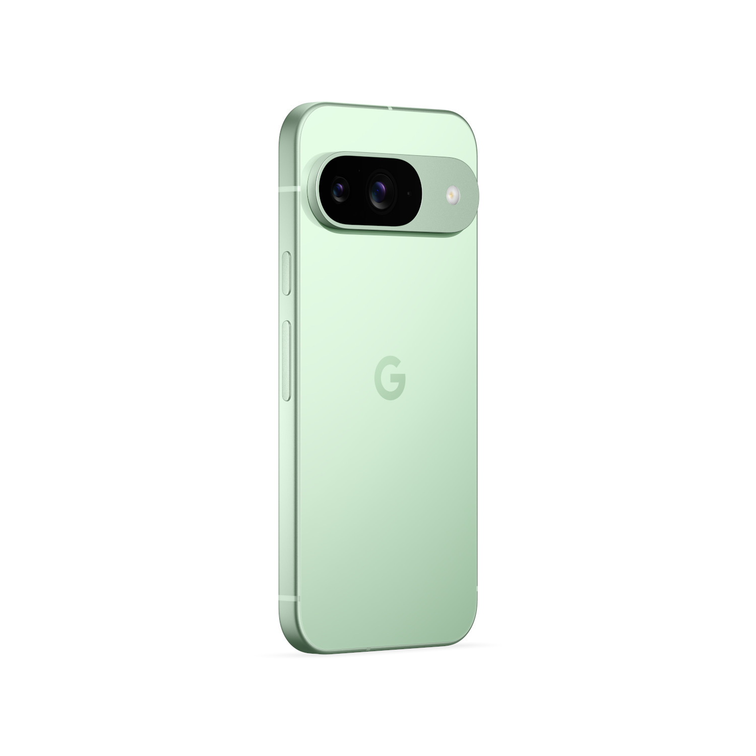 Groene Google Pixel 7 telefoon, achteraanzicht. De cameramodule is zichtbaar, met het G-logo op de achterkant.