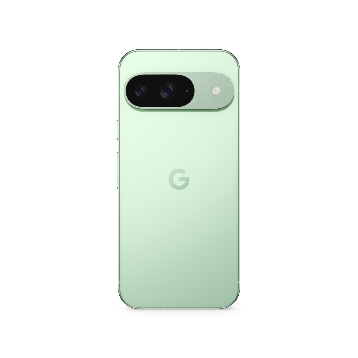 Een lichtgroene smartphone van achteren, met een cameramodule en het 'G' logo.