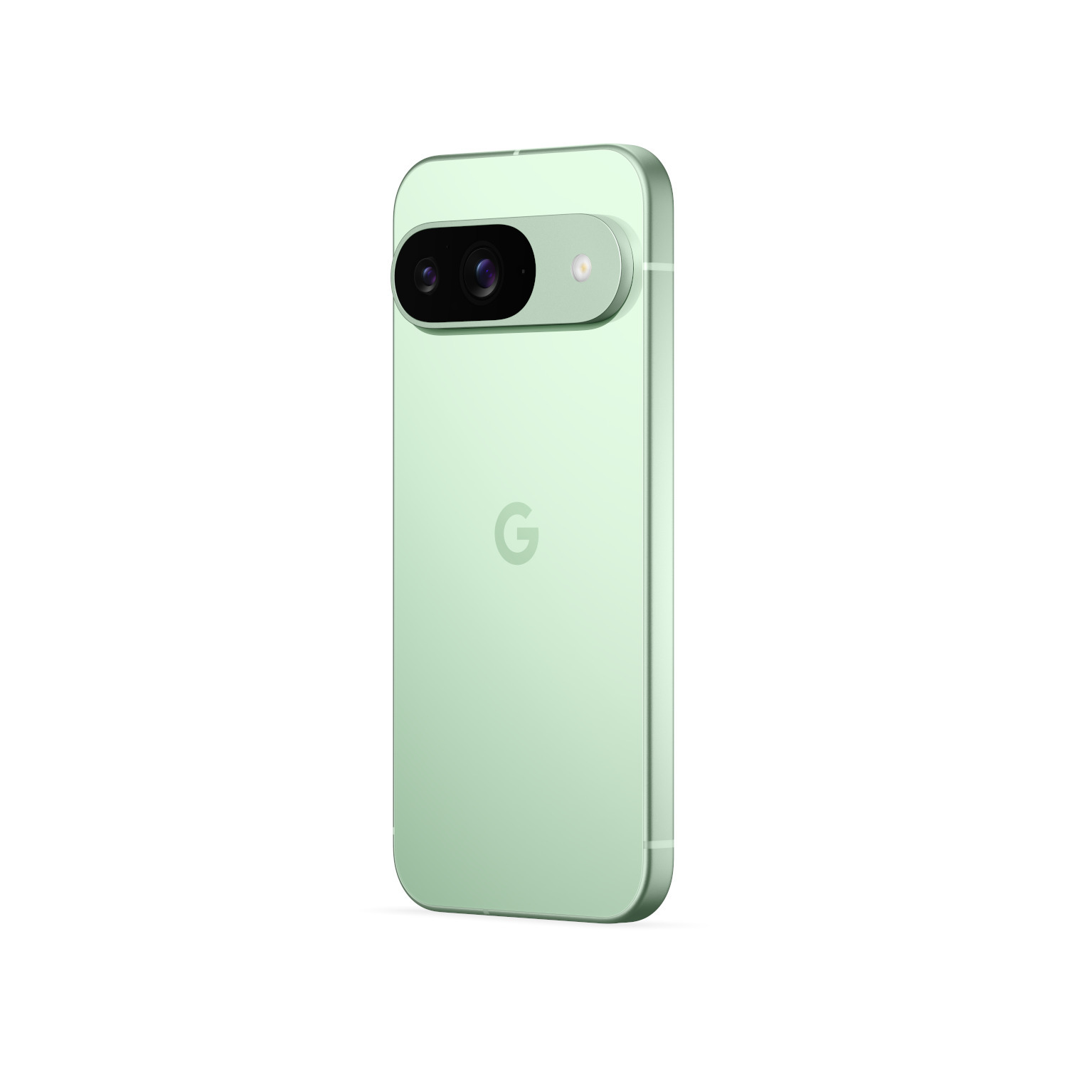 Groene smartphone met een gebogen camerabalk en Google-logo op de achterkant, witte achtergrond.