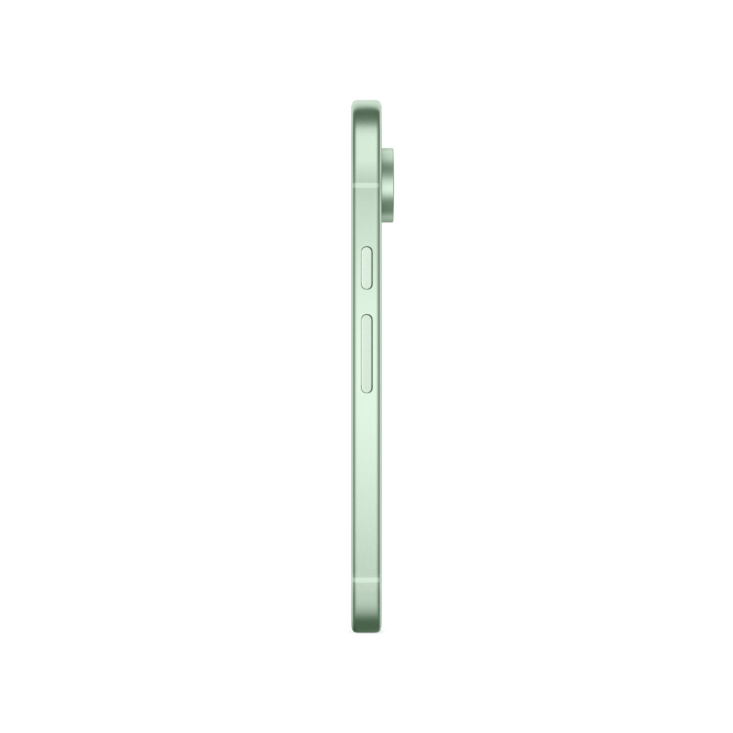 Zijaanzicht van een mintkleurige smartphone, slank design, met knoppen aan de zijkant.