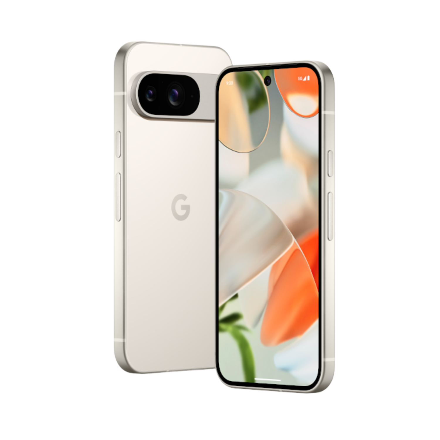 Twee smartphones, goud en wit, tonen schermen met levendige achtergronden tegen een zwarte achtergrond.