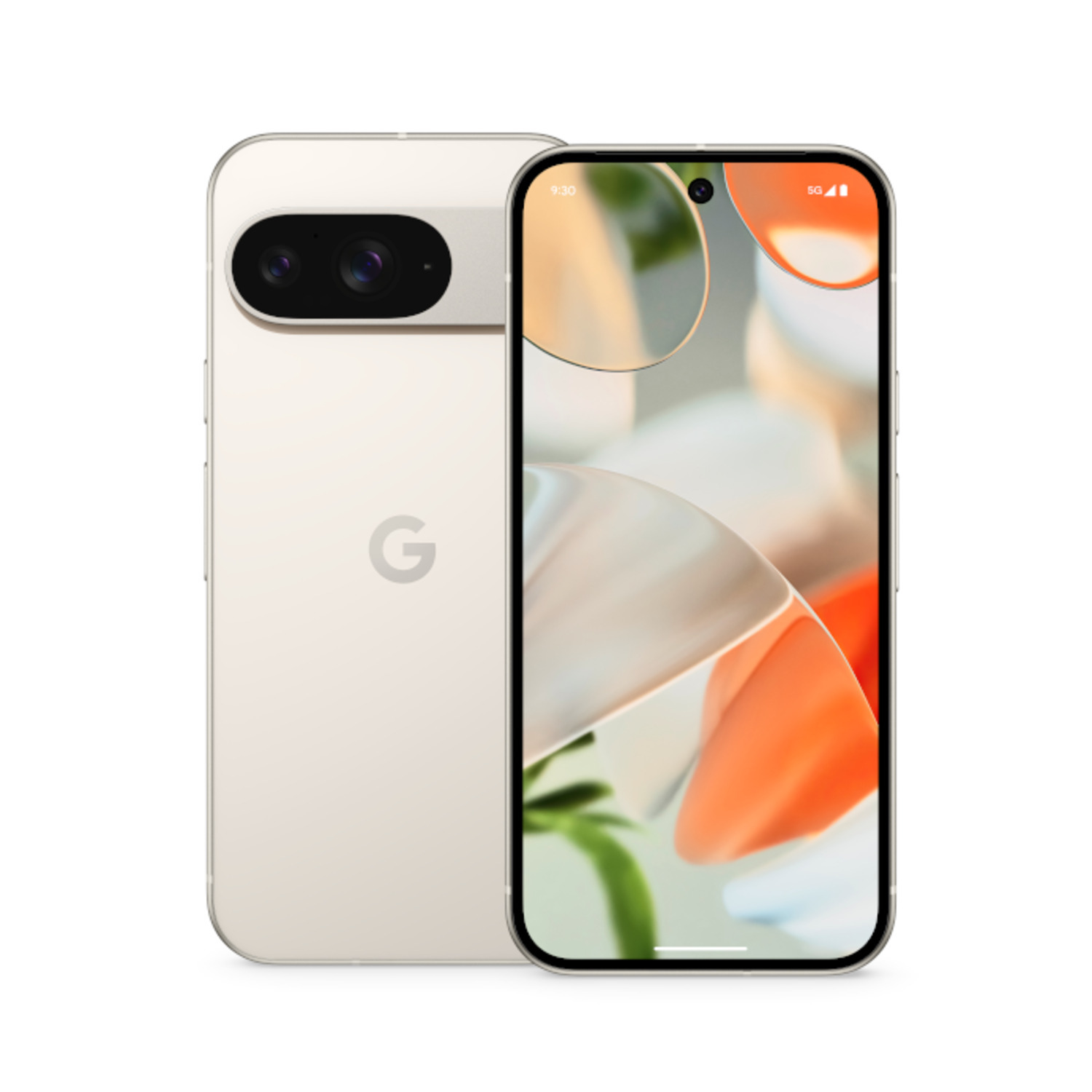 Een zilveren Google-telefoon met een scherm met een oranje en witte abstracte achtergrond.