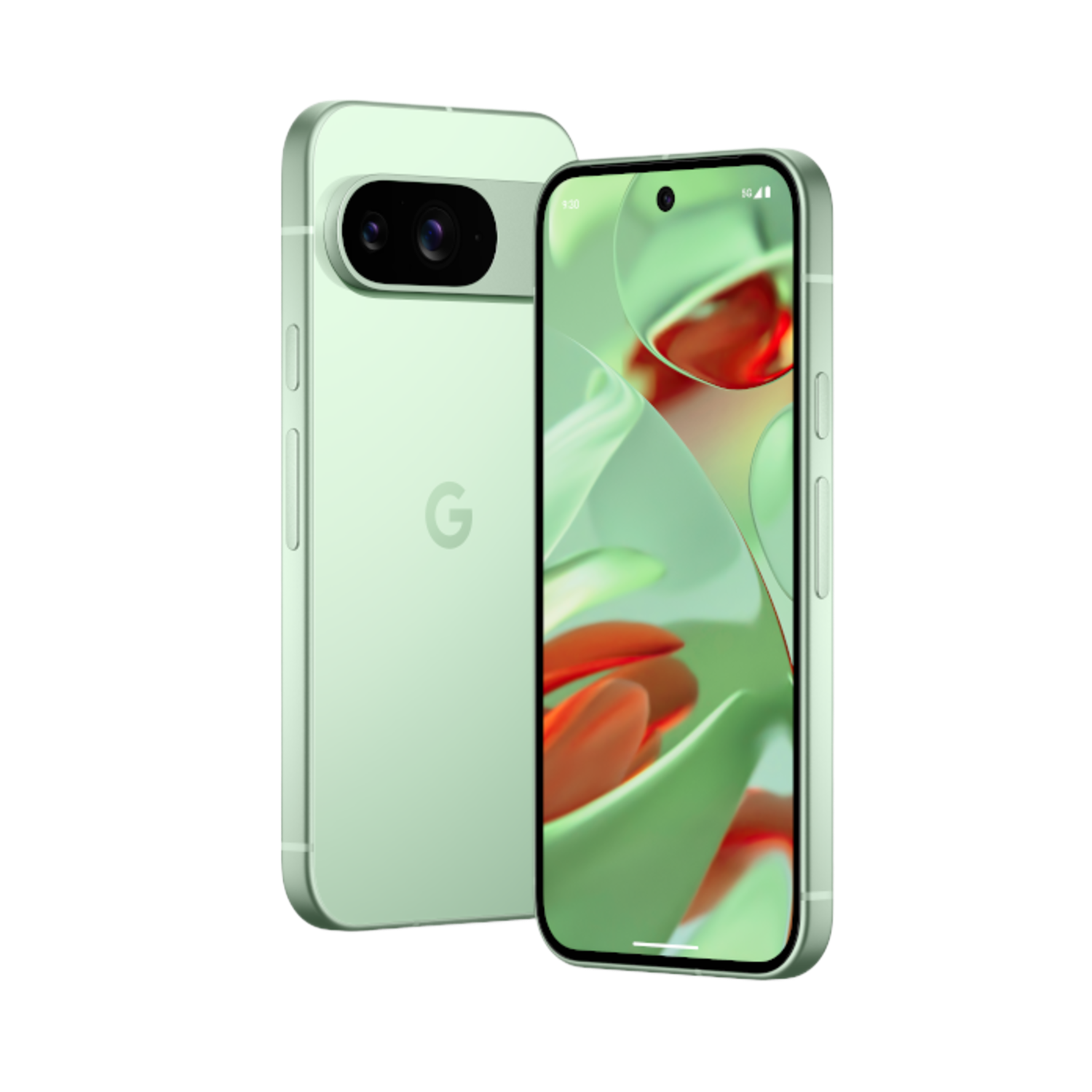 Twee mintgroene telefoons met een camera met dubbele lens. Eén telefoon ligt, de andere staat rechtop.