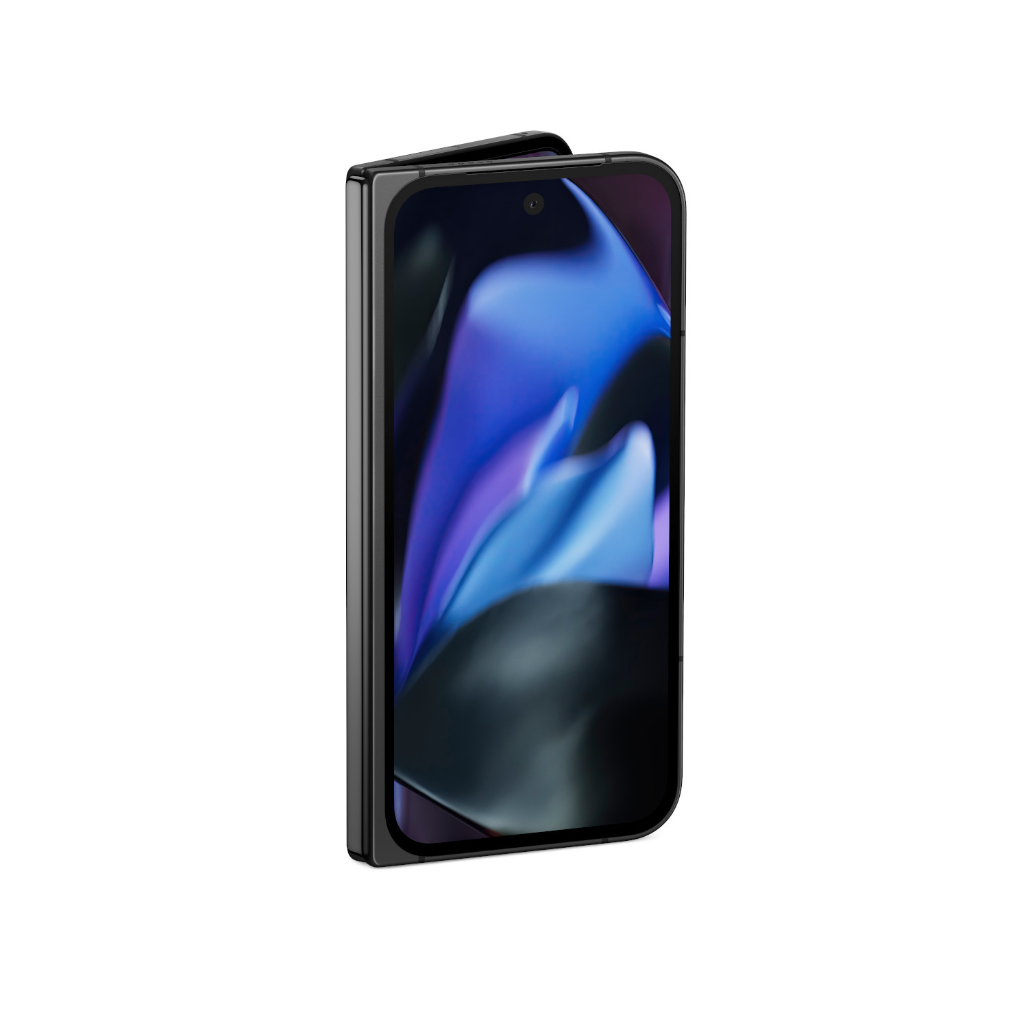 Opvouwbare smartphone in zwart, gesloten, met een paars en blauw scherm.