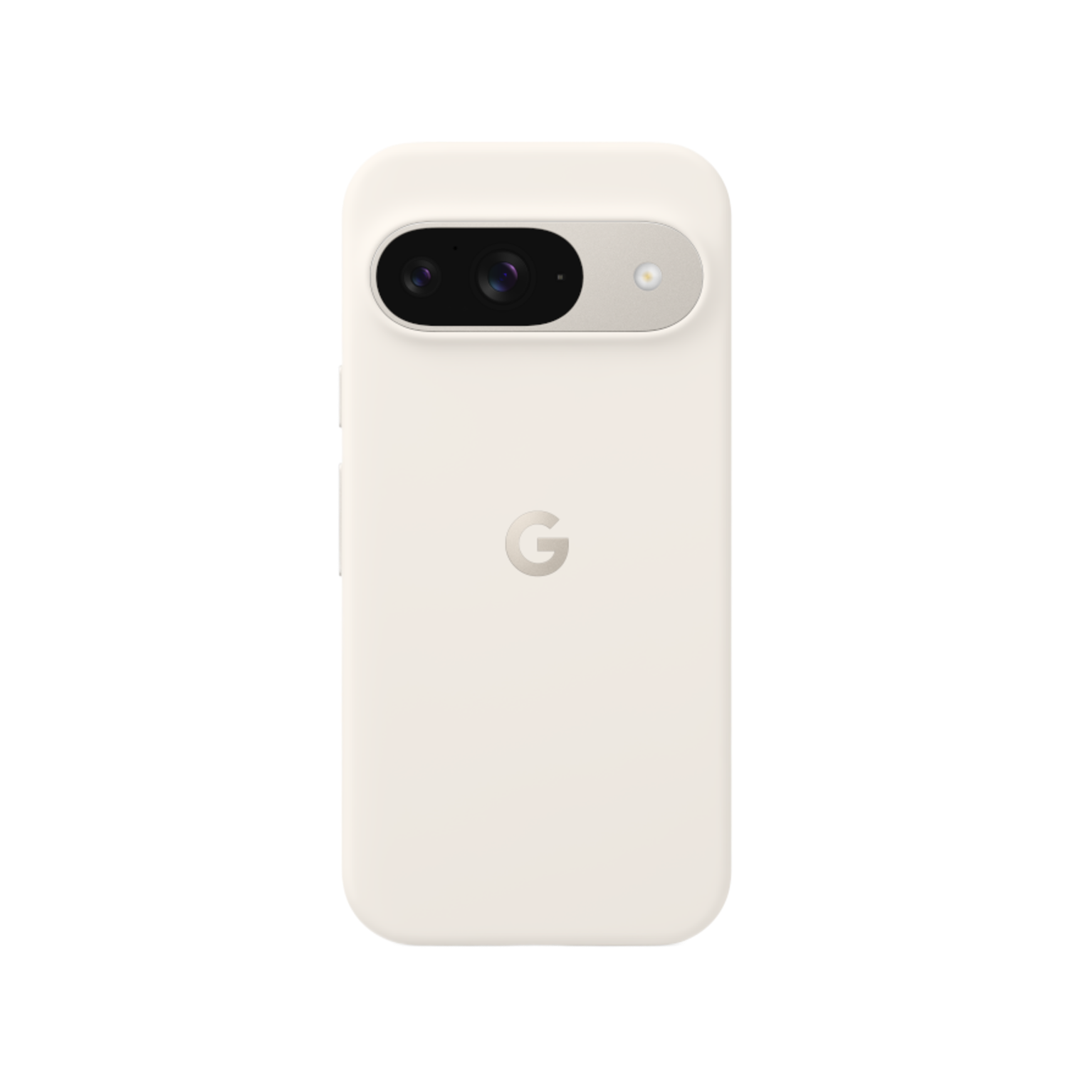 Une coque de téléphone blanche avec une bosse pour l'appareil photo et le logo Google.