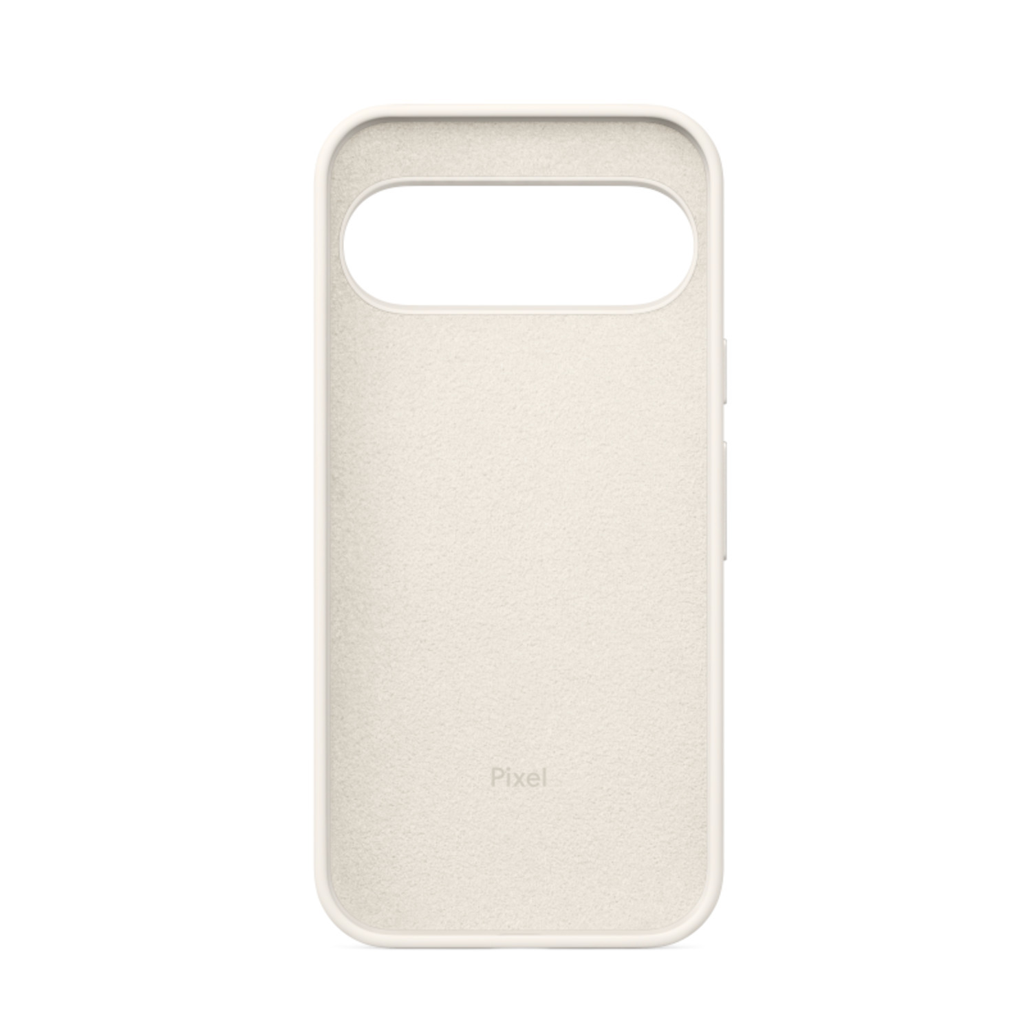 Coque de téléphone blanc cassé avec une découpe ovale pour l'appareil photo et le mot Pixel.