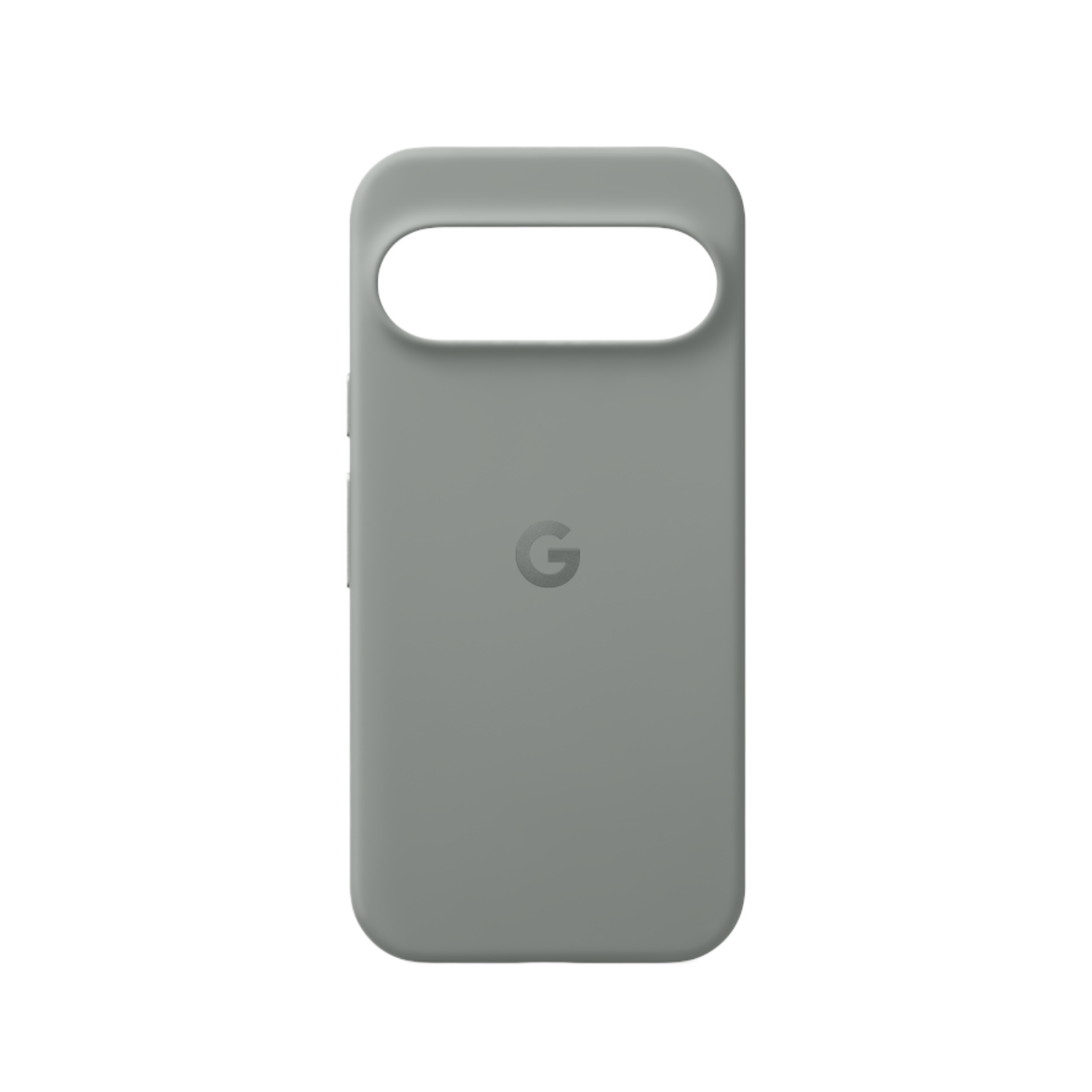 Coque de téléphone grise avec découpe pour la caméra et logo Google sur fond noir.