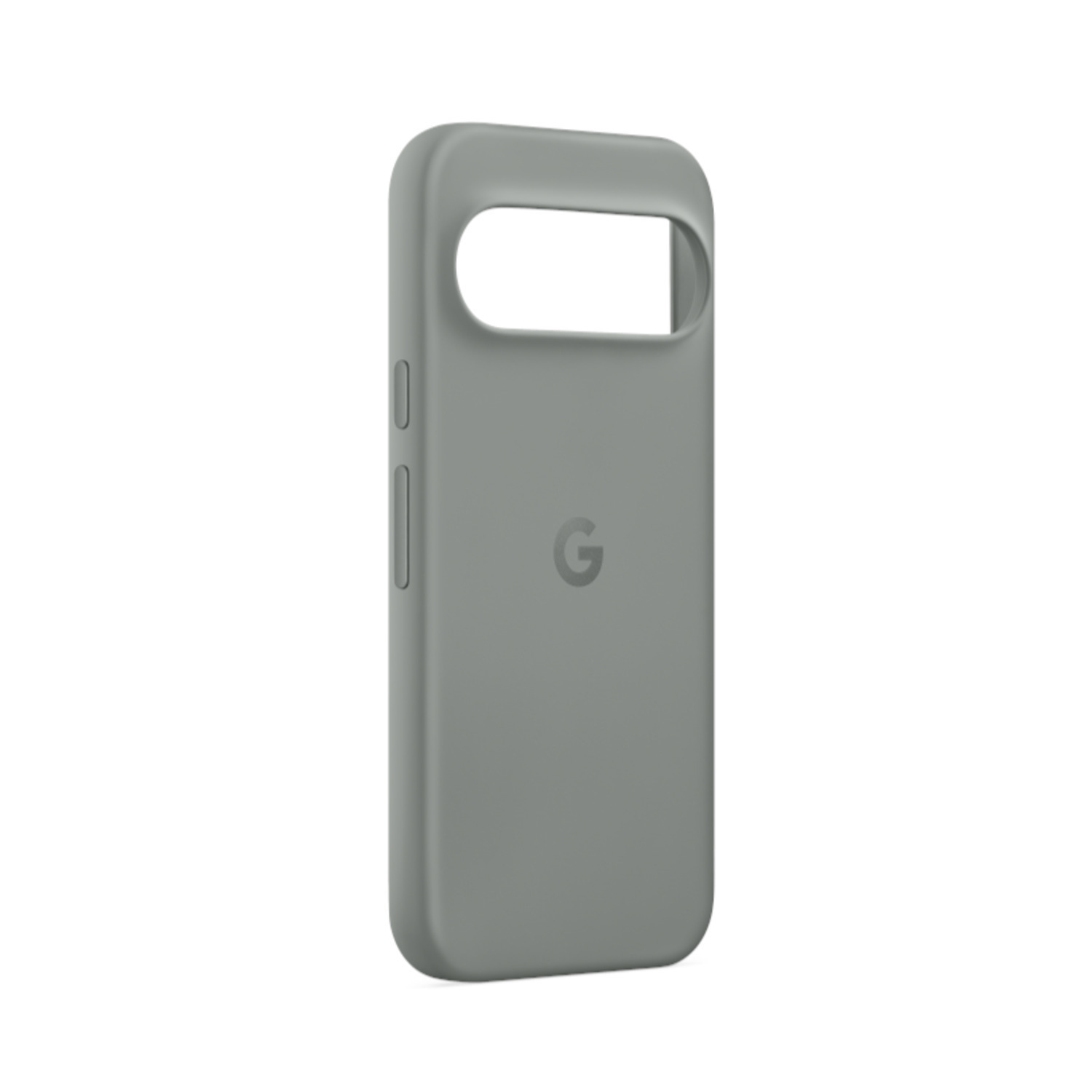 Coque de téléphone grise avec découpe pour caméra et logo 'G' sur fond blanc.