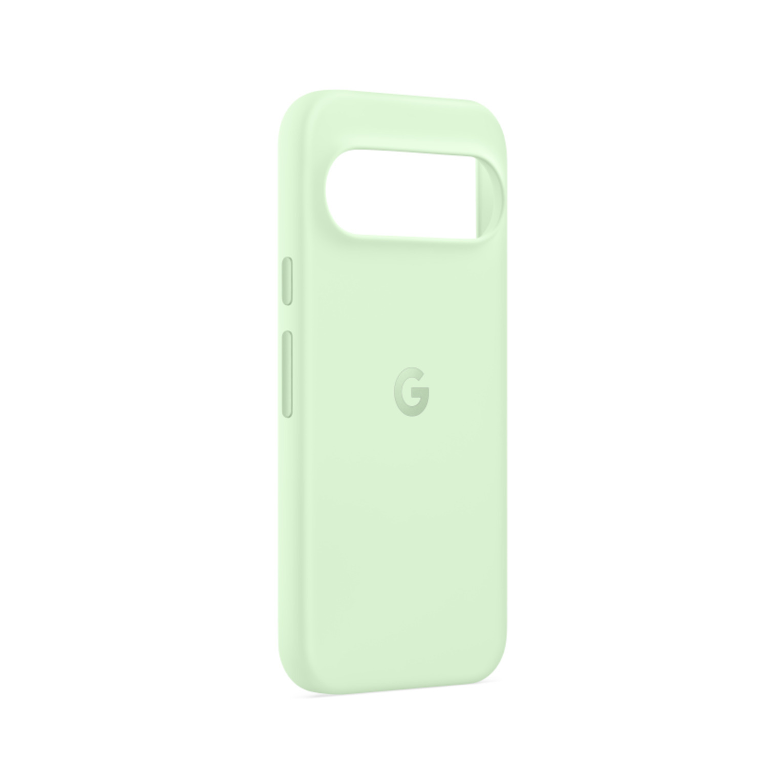 Une coque de téléphone vert clair avec une découpe pour la caméra et les boutons, et un logo G.