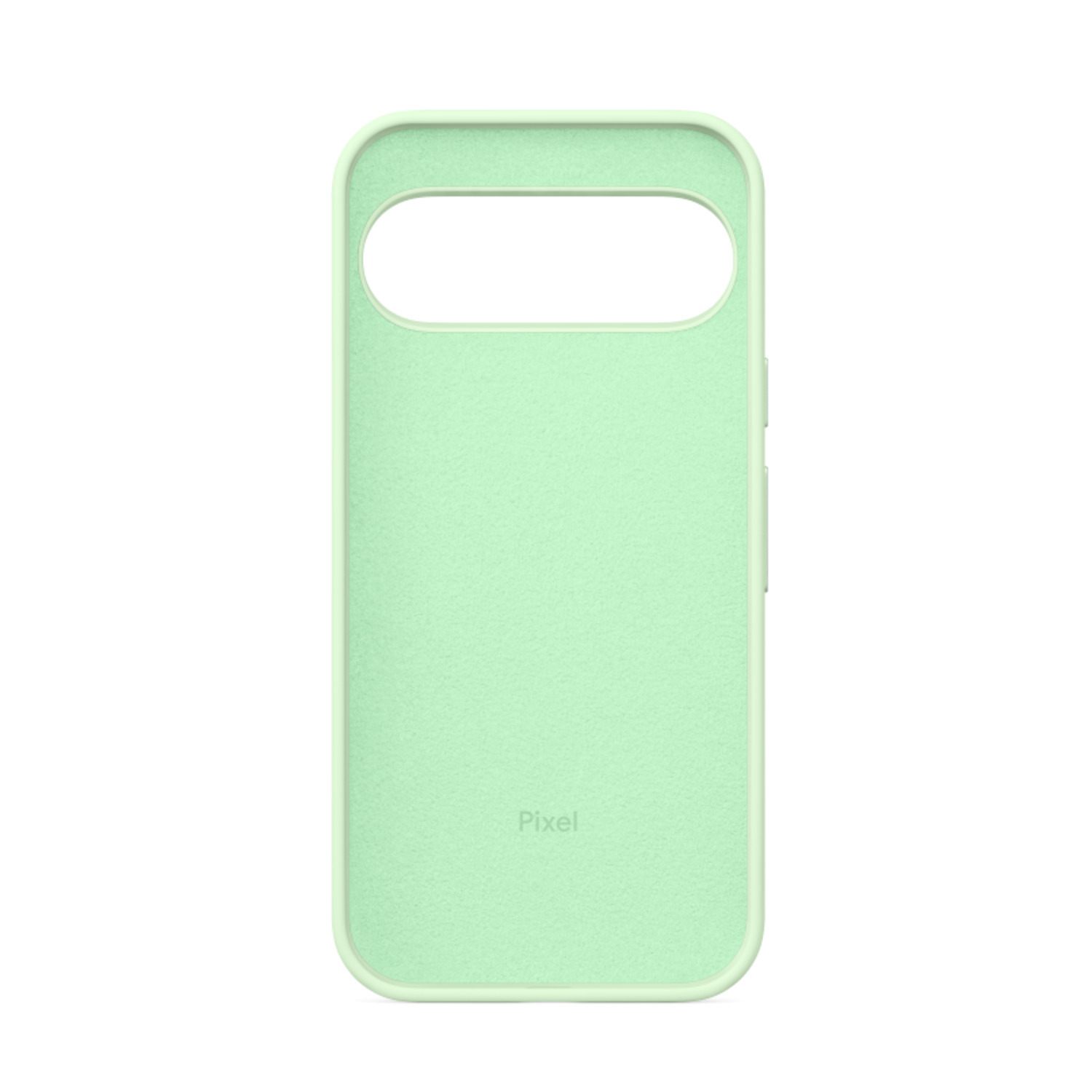 Coque de téléphone vert clair avec une grande découpe pour la caméra et le mot 'Pixel'.