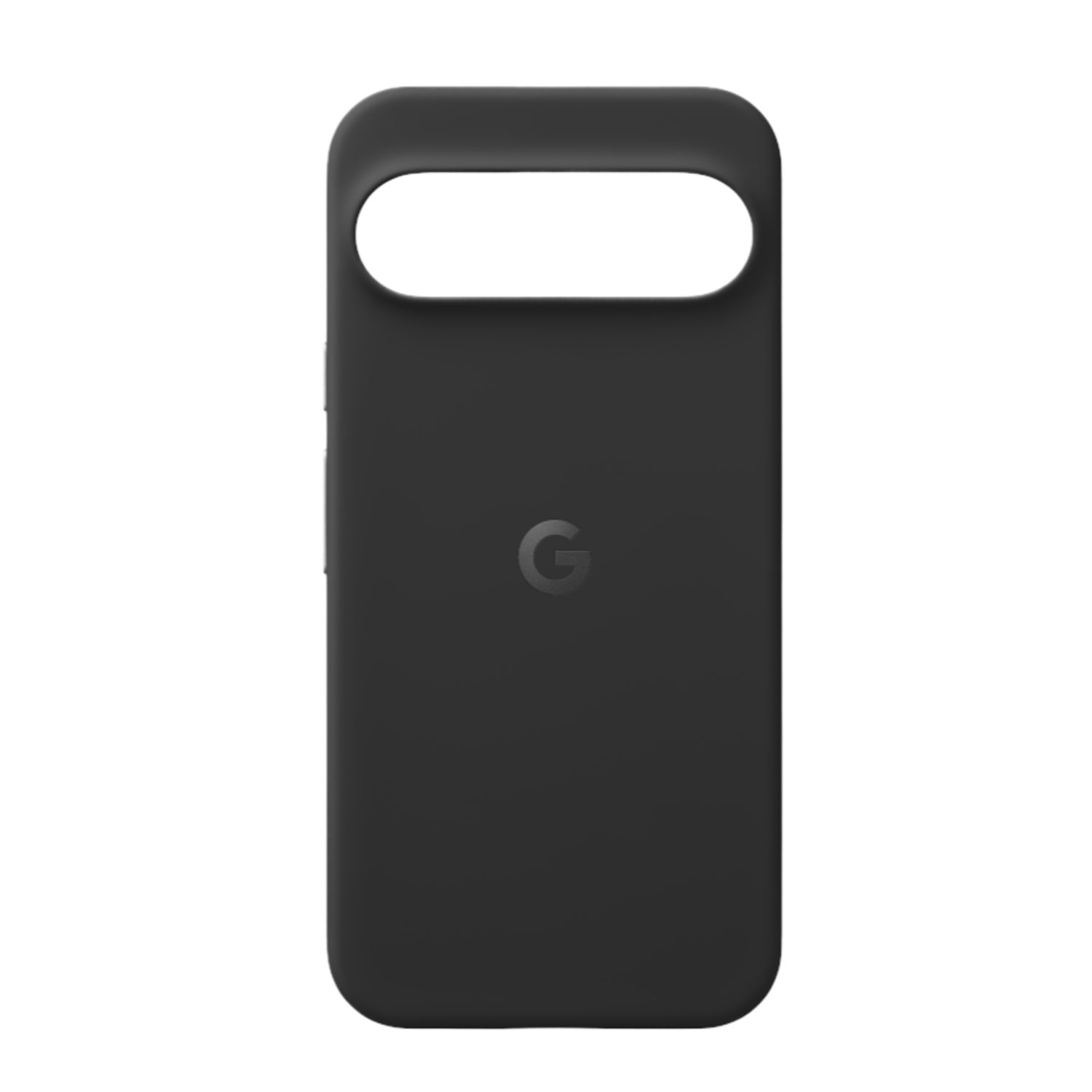 Coque de téléphone noire avec découpe pour l'appareil photo. Logo Google centré. Design simple.