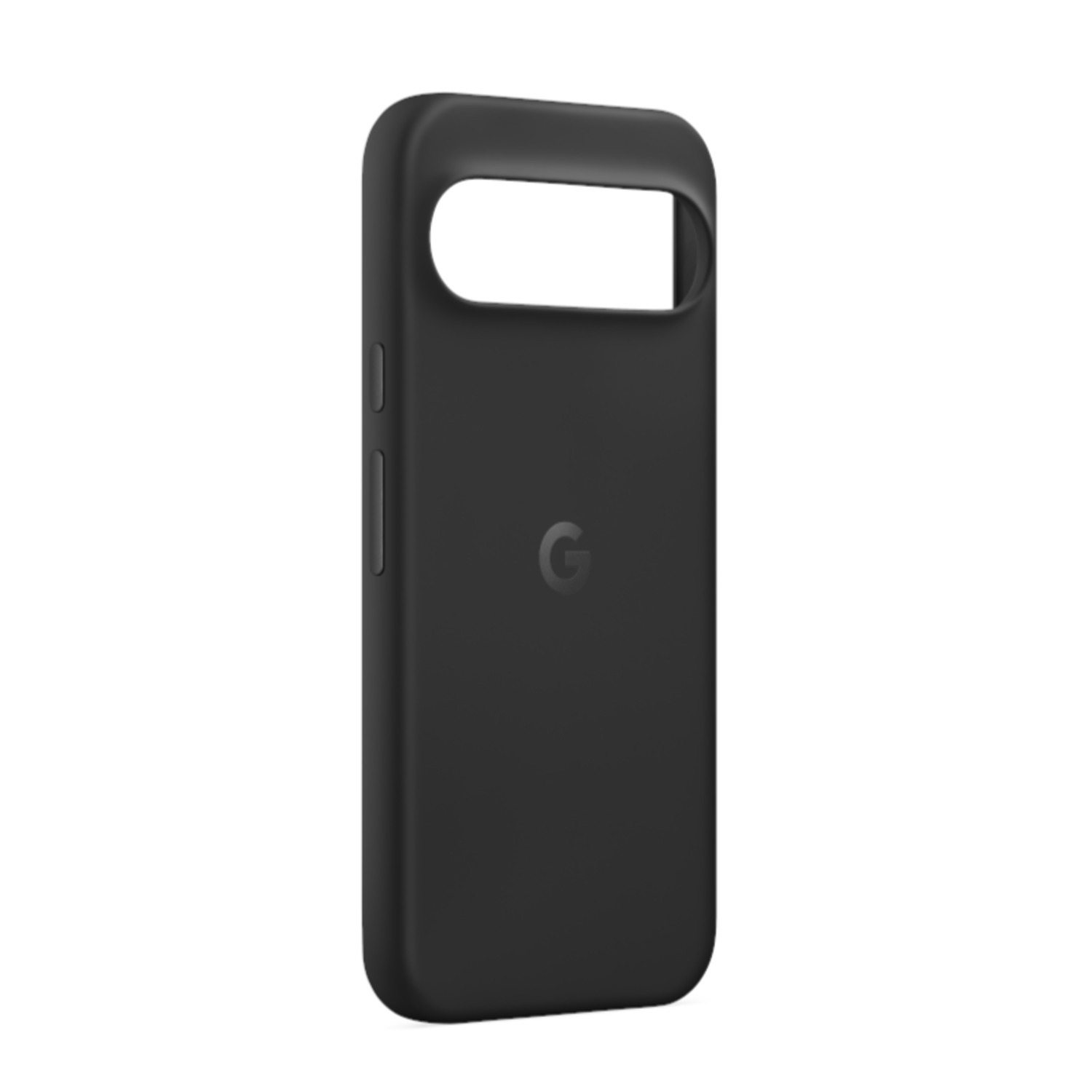 Un étui de téléphone noir avec une découpe pour l'appareil photo et un logo G, design simple.