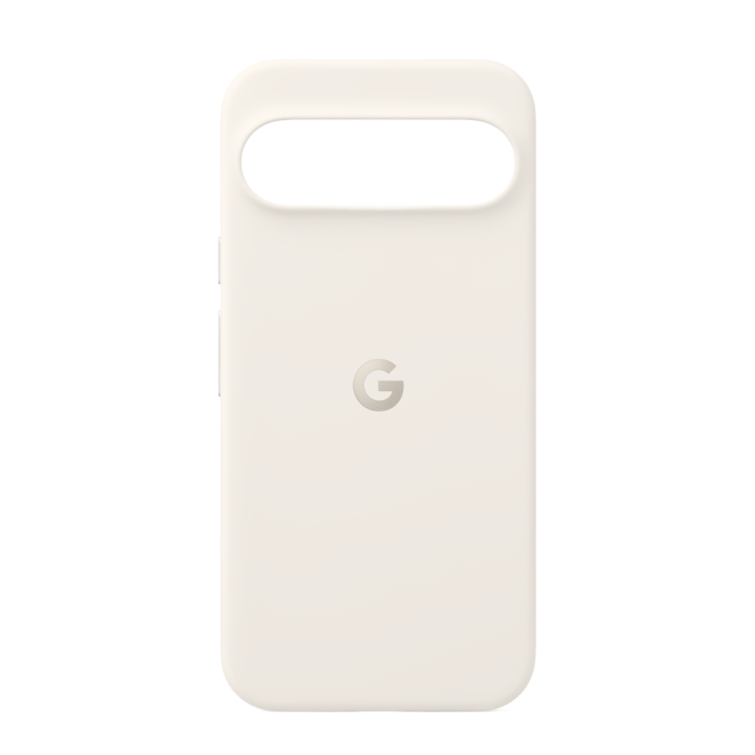 Une coque de téléphone beige clair avec un logo Google et une découpe pour l'appareil photo sur fond noir.
