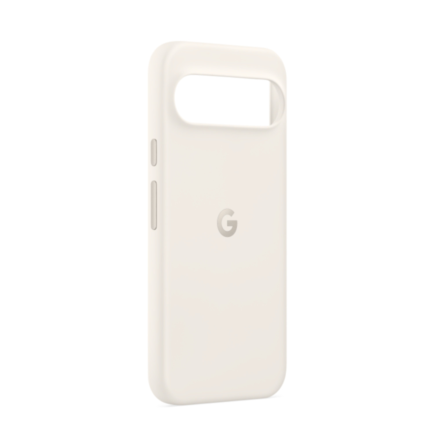 Coque crème Google Pixel, vue arrière, découpe caméra et logo G, fond blanc.