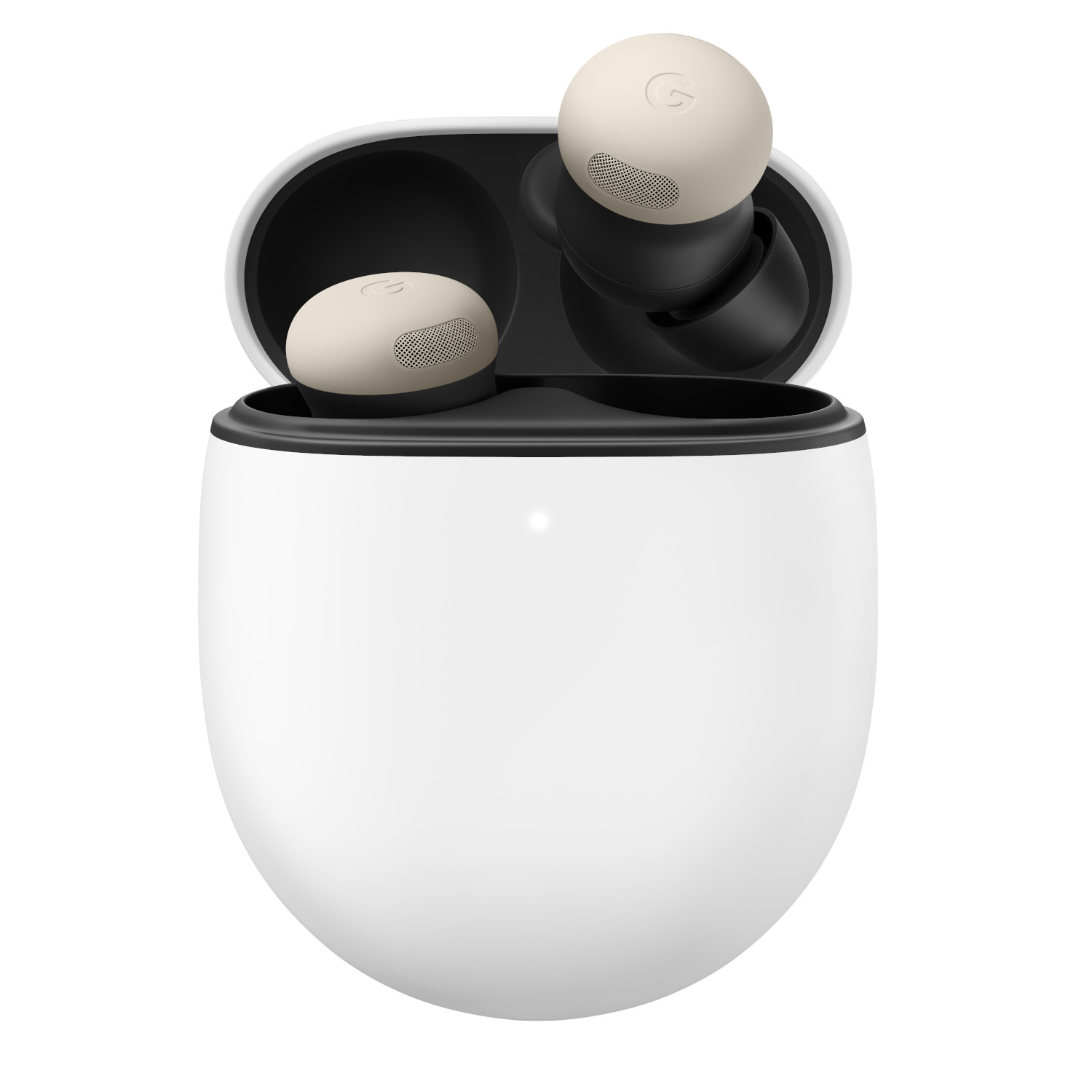 White earbuds in a white and black case, opened. A 'G' is on each earbud.