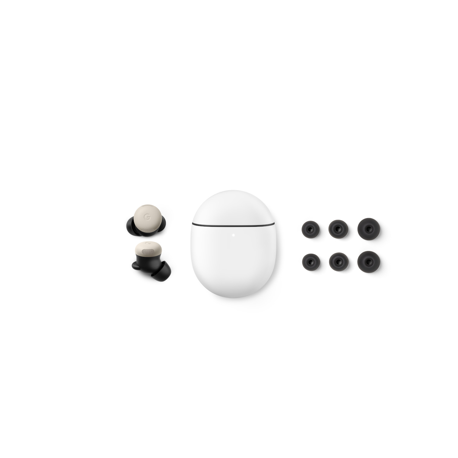 White case and cream-colored earbuds, with extra tips on a white background.