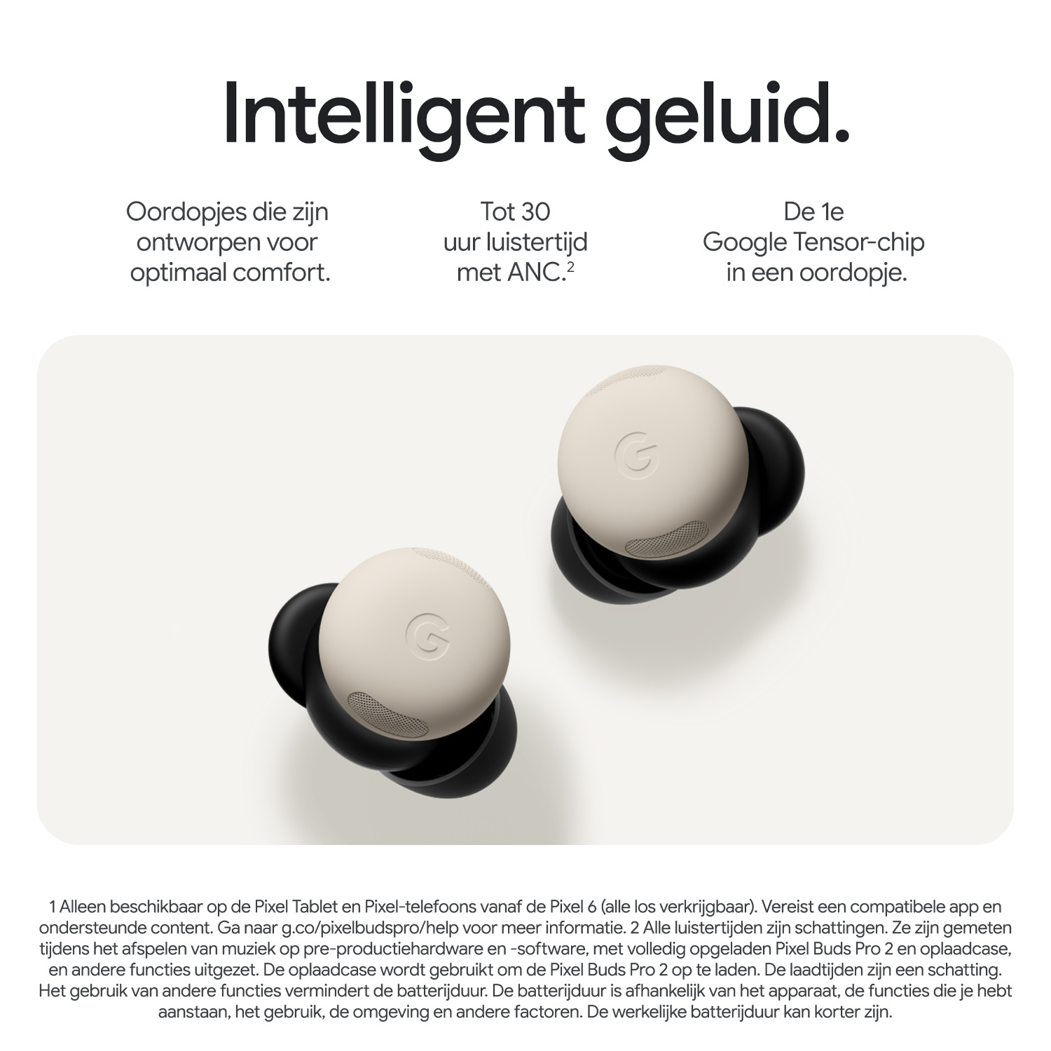 Two white Google Pixel Buds Pro earbuds. They are black and white, displayed on a white background.