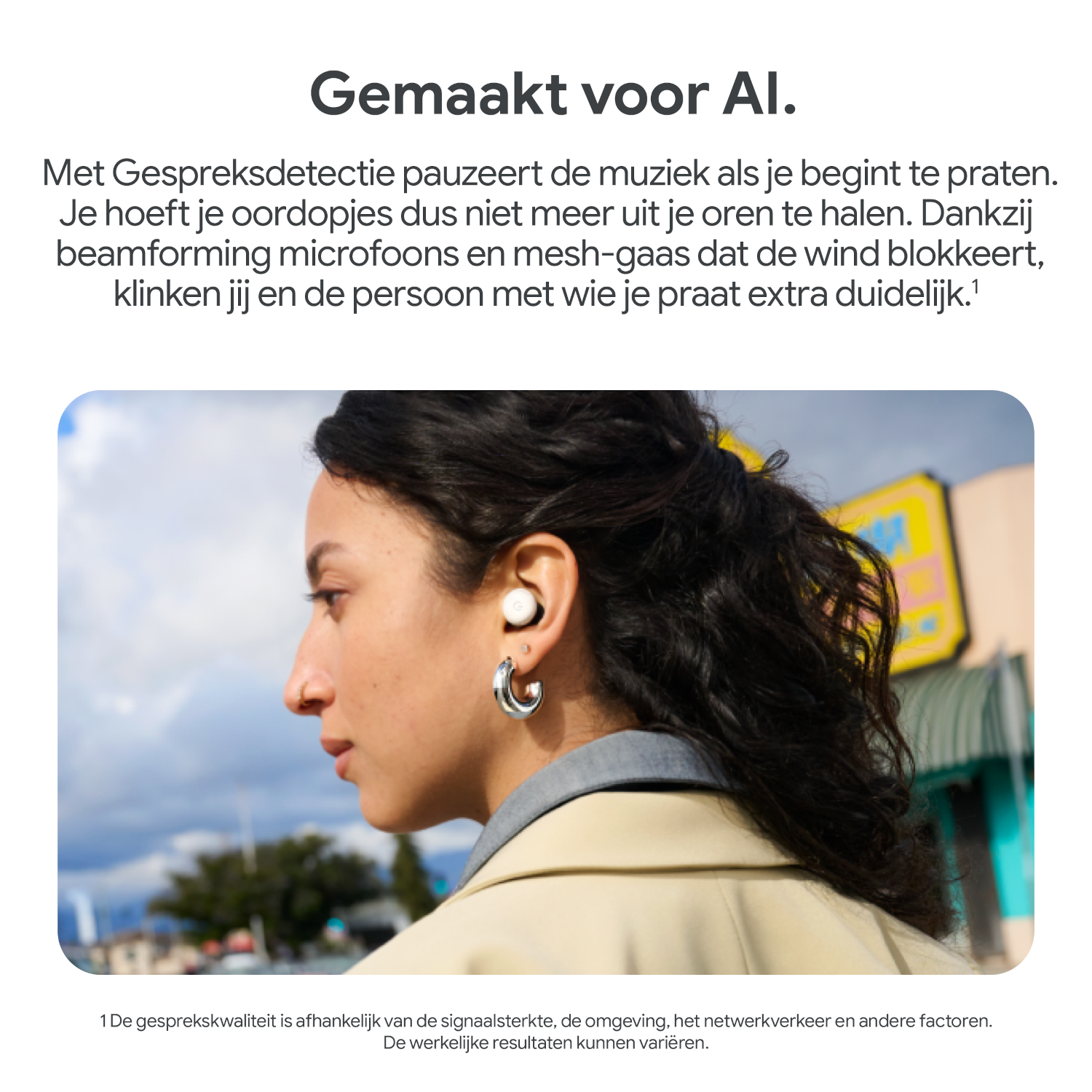 A woman wearing earbuds.