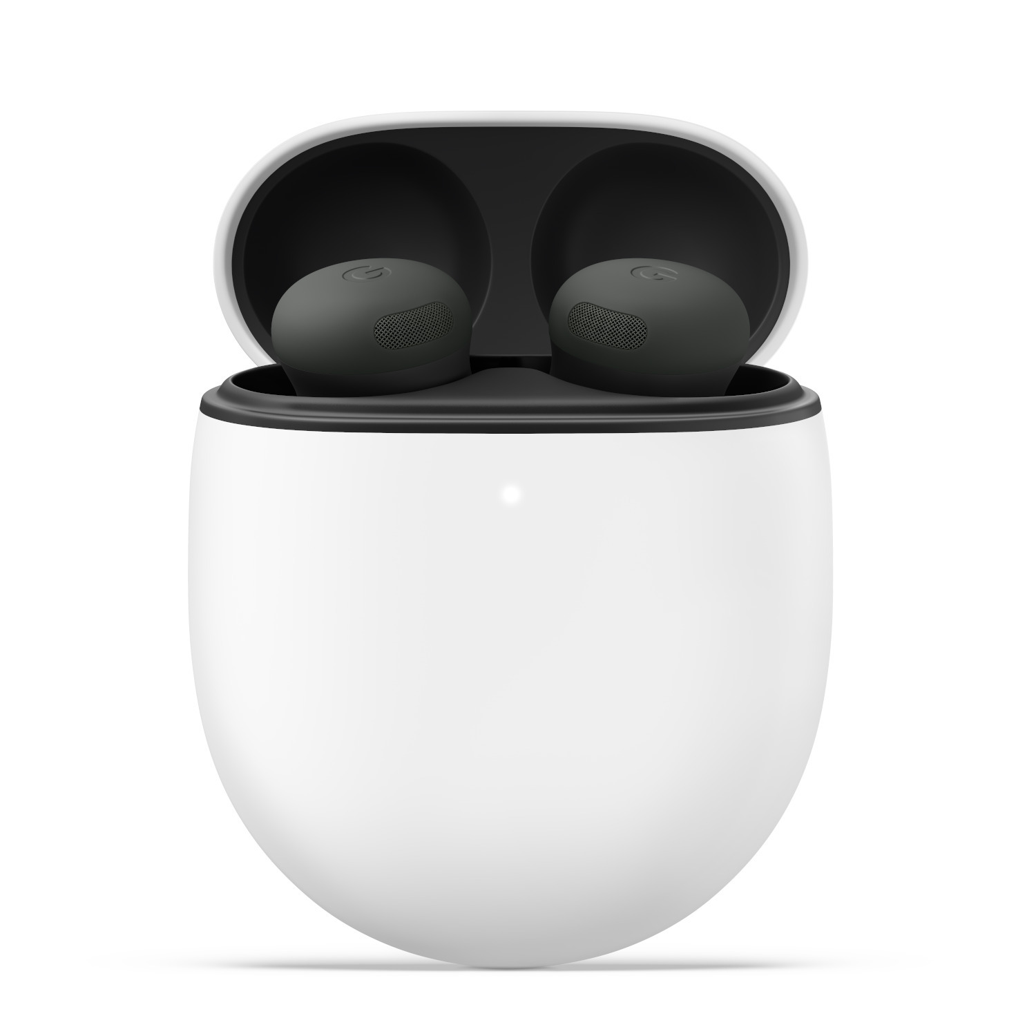 White earbud case, open, earbuds inside, black interior, white background.