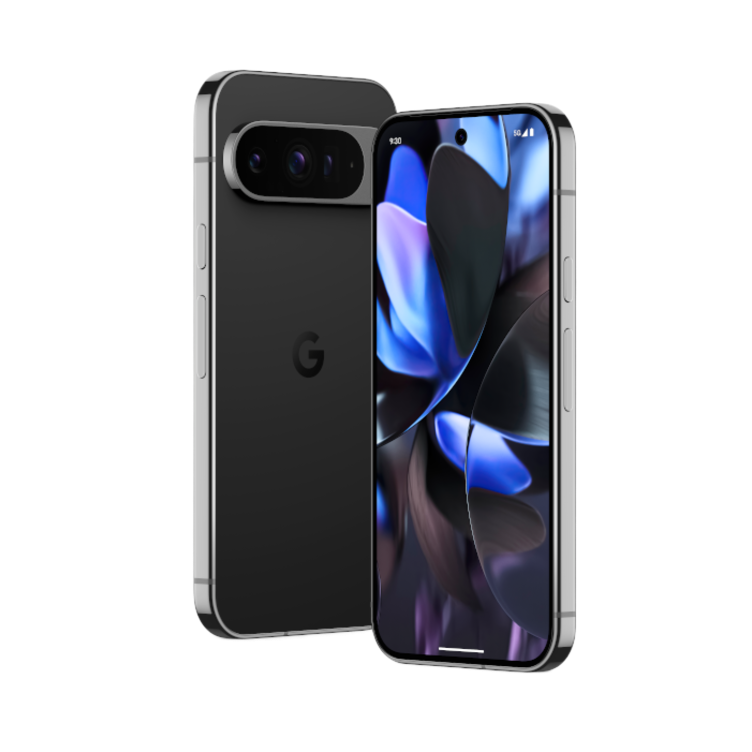 Un téléphone Pixel 7 Pro noir, montrant l'arrière avec les caméras et l'avant avec un écran coloré.