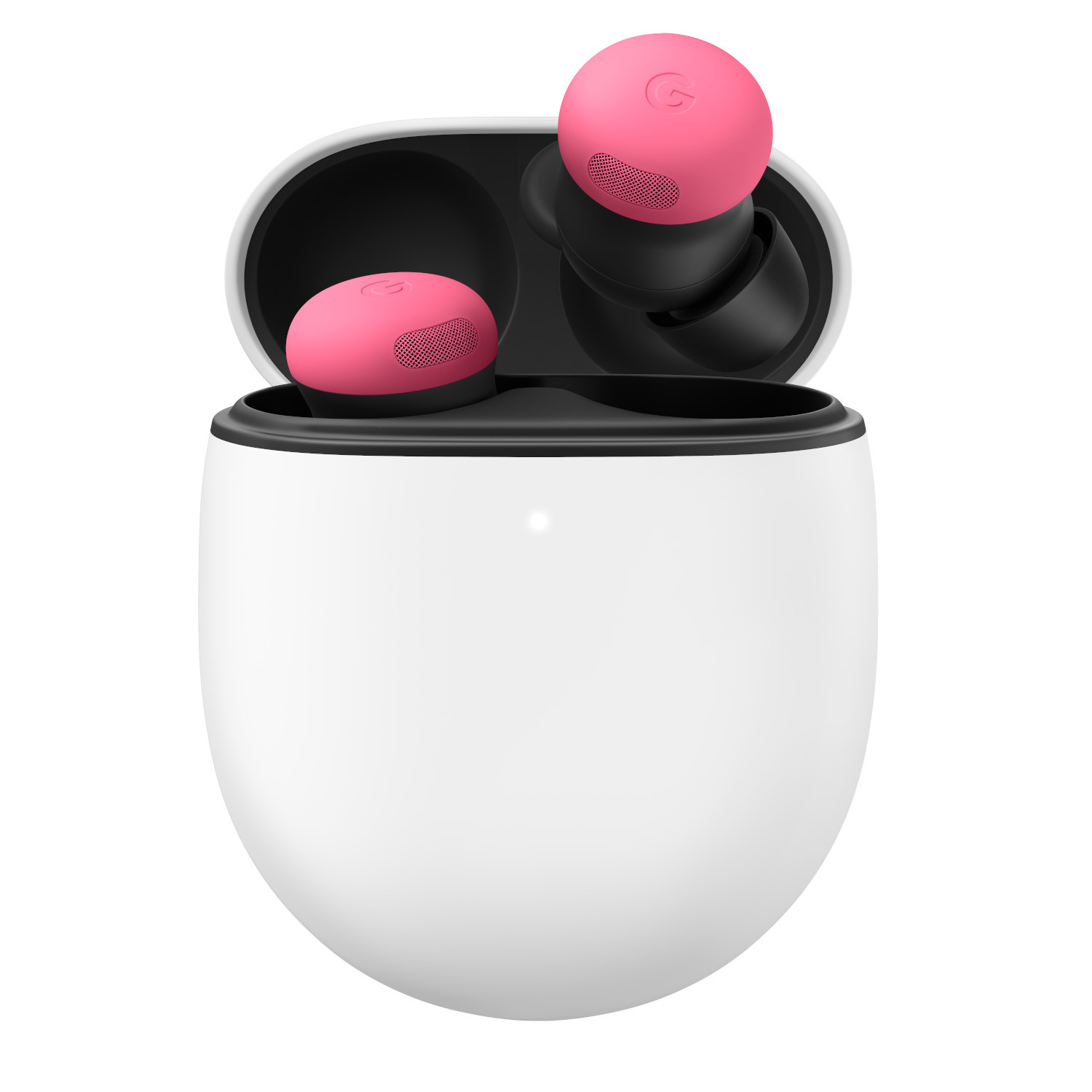 White charging case with pink Google Pixel Buds inside.