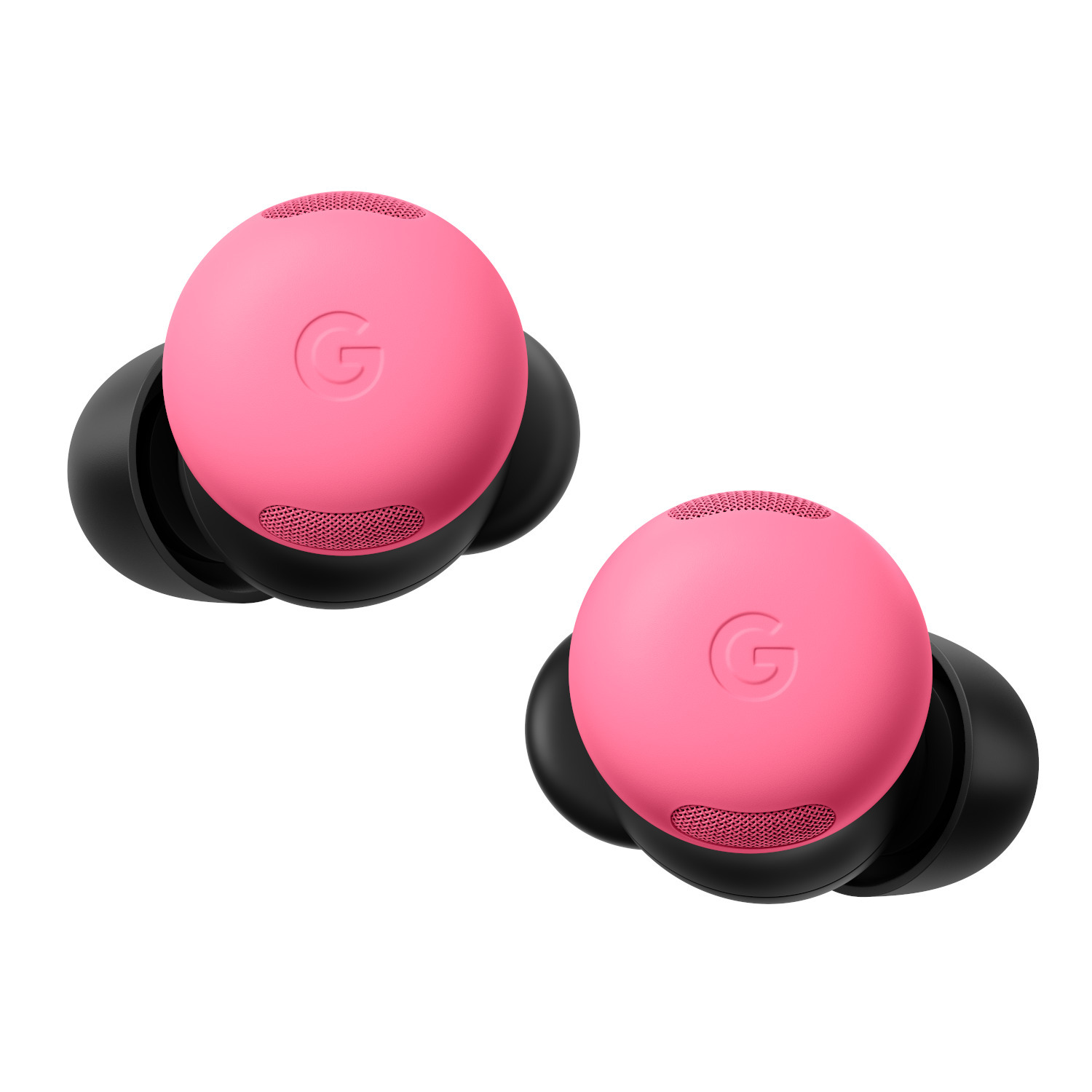 Two pink and black earbuds, angled, on a white background.