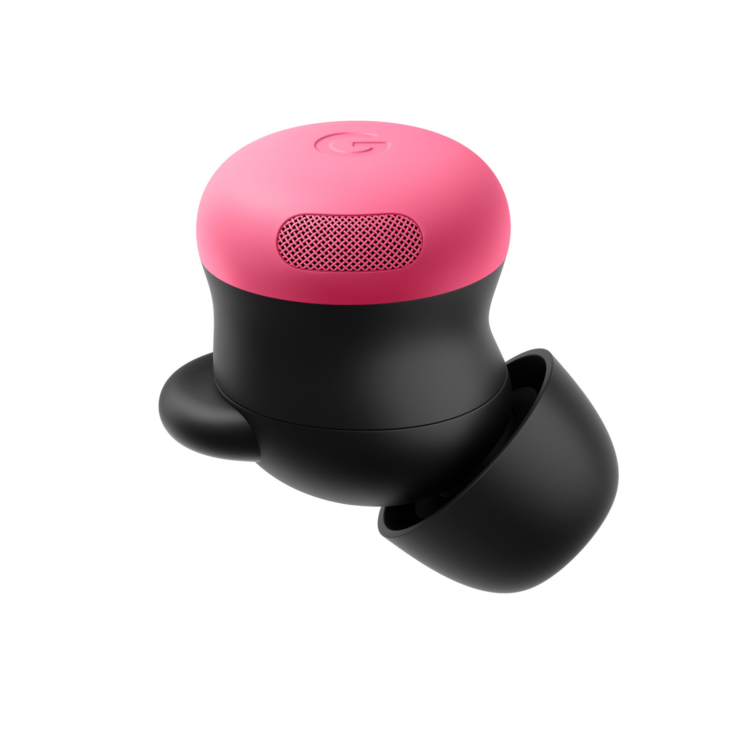 Pink and black wireless earbuds; the pink part has a mesh; white background.