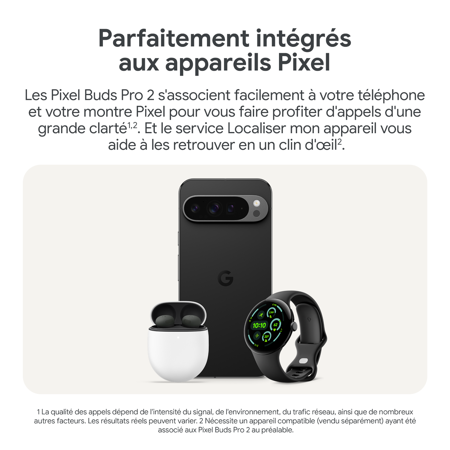 Téléphone noir, écouteurs et montre connectée sur surface blanche. Texte en haut.