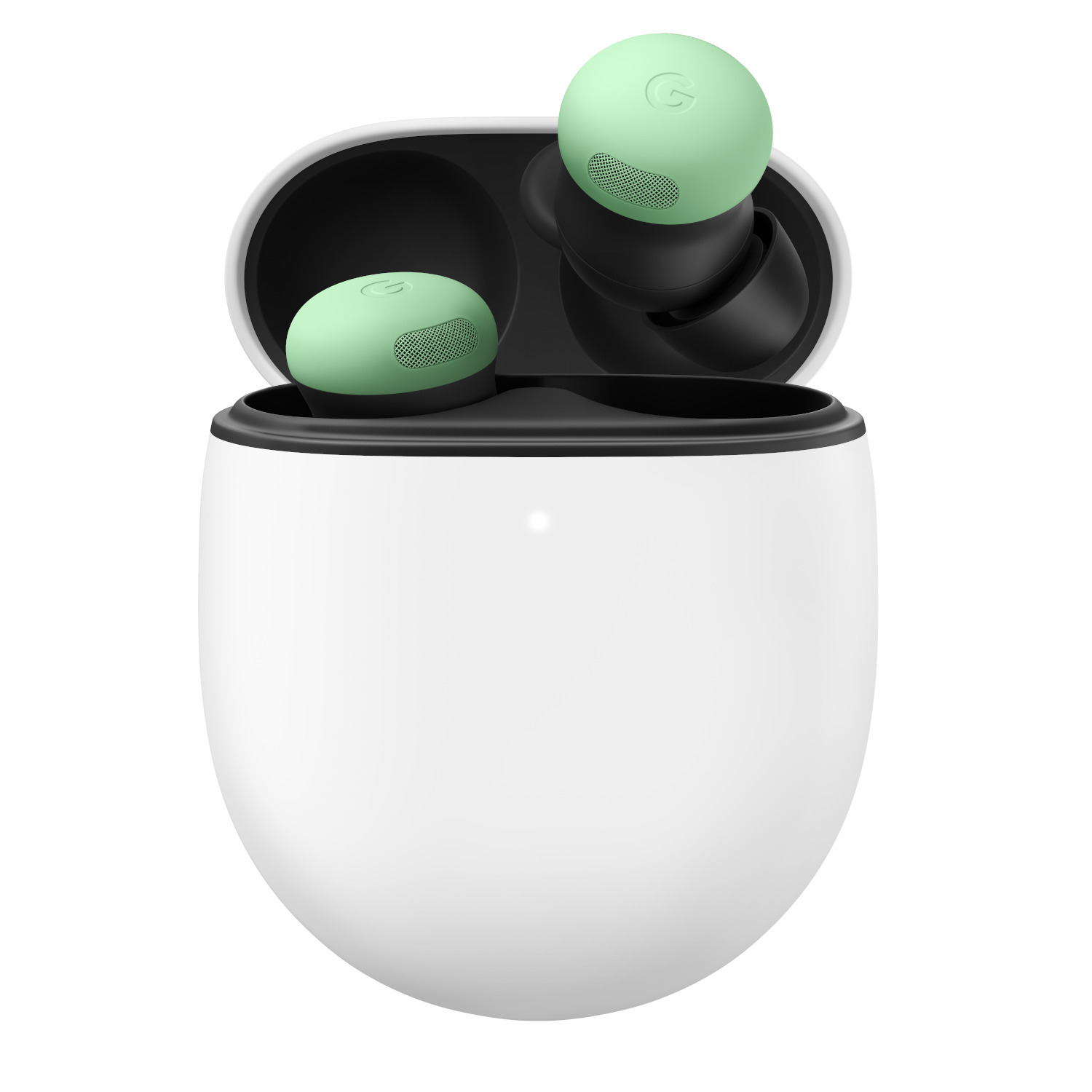 Open white earbud case with mint green earbuds.