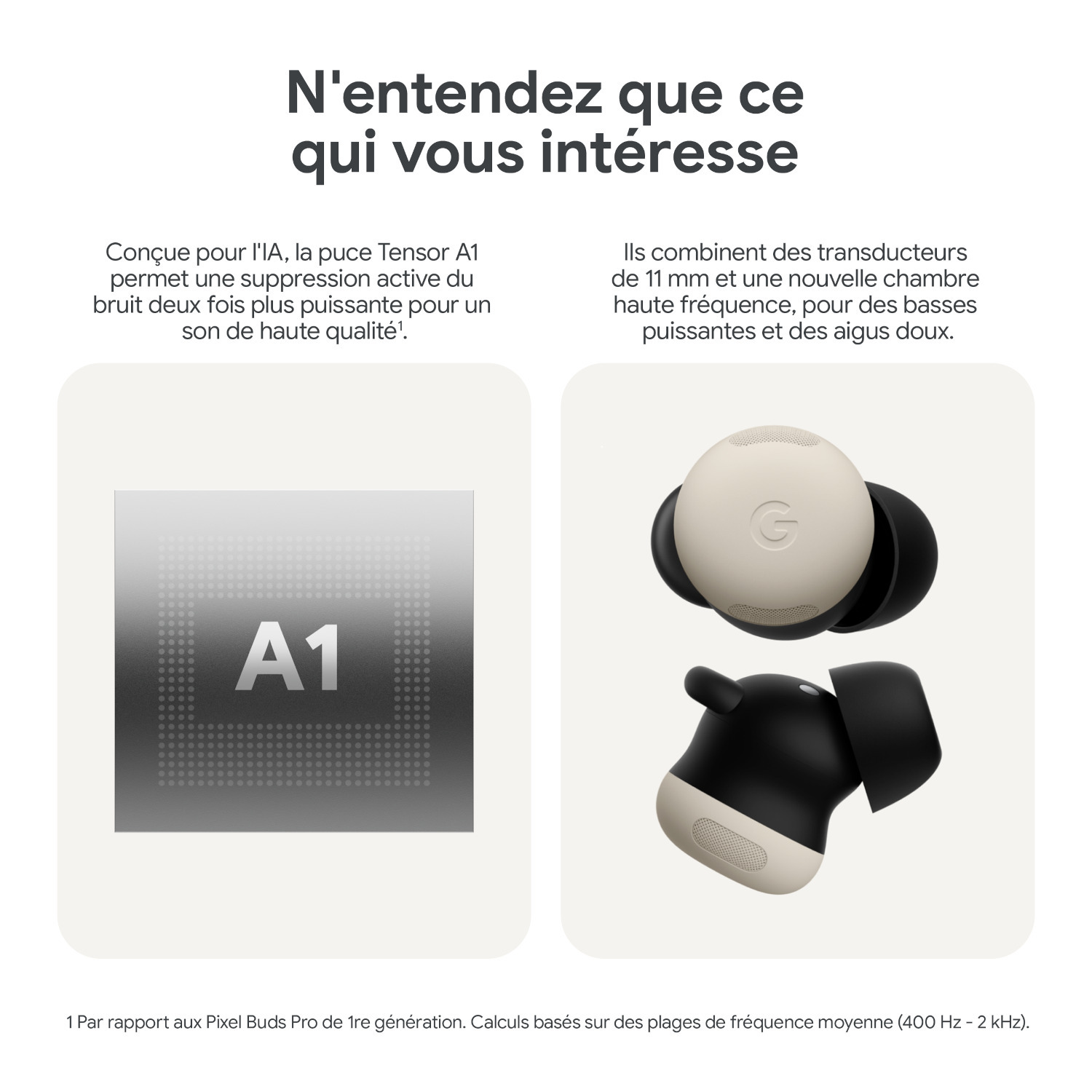Deux écouteurs sans fil. Une paire noire et blanche, une paire blanche.