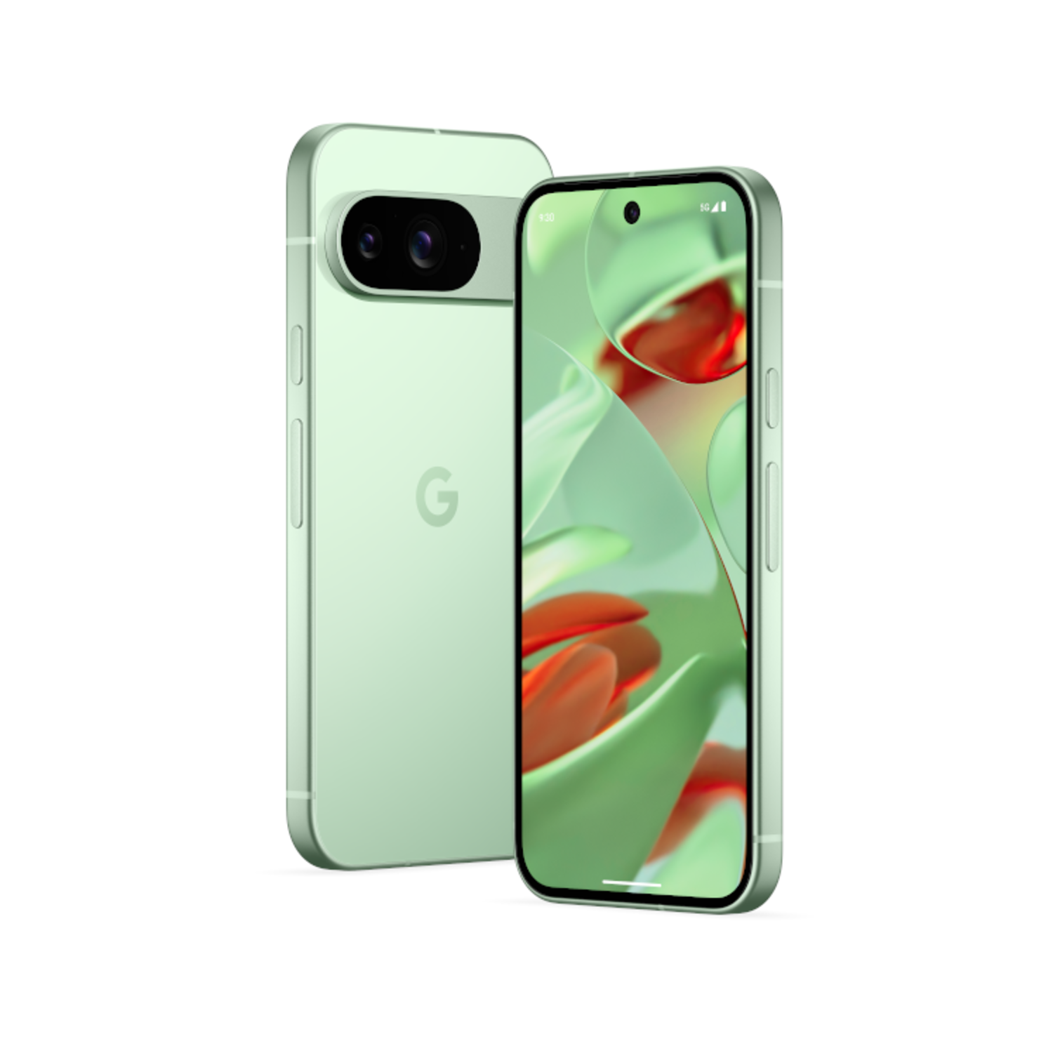 Two mint green smartphones. One shows a colorful abstract image, the other is angled with two cameras and a G logo.