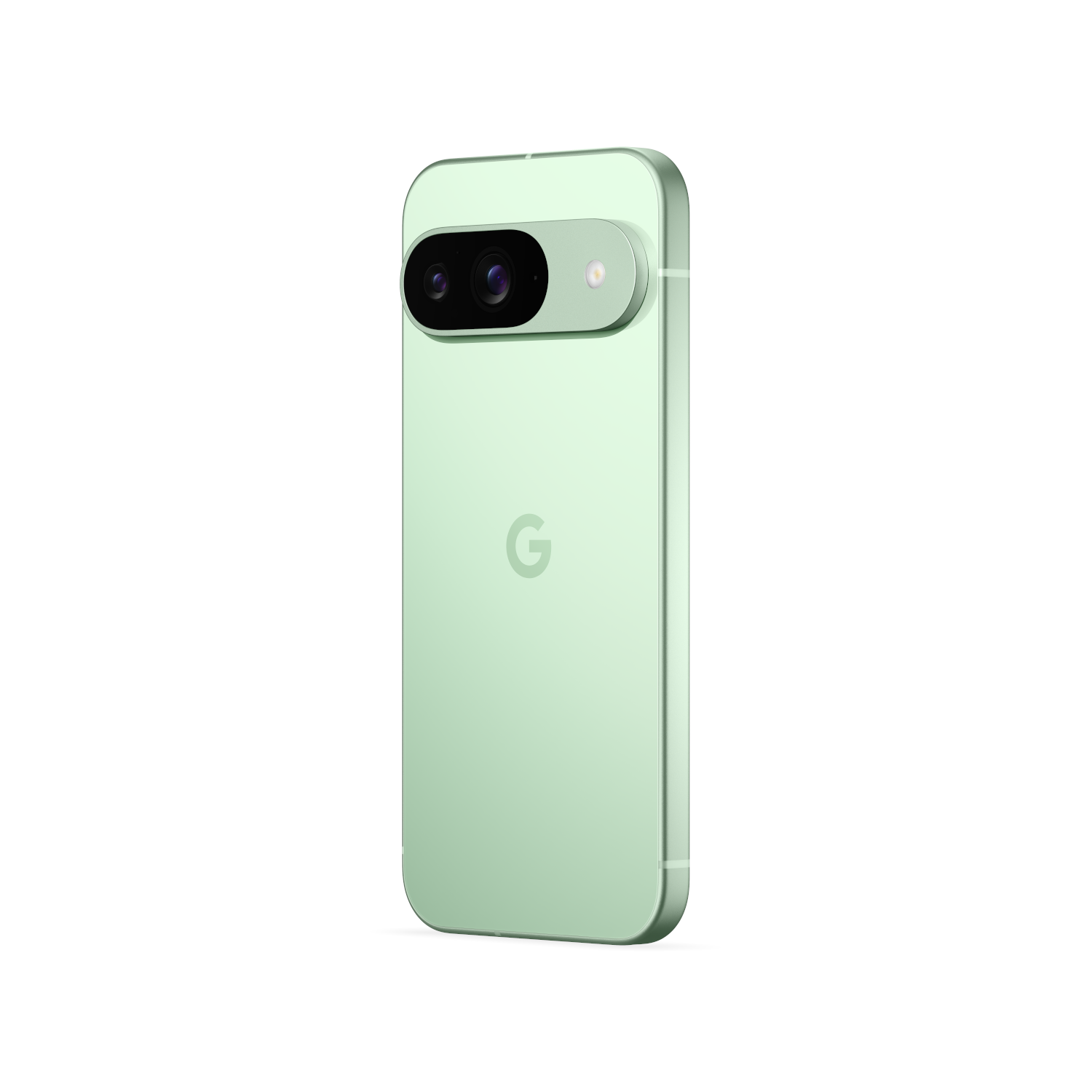 Mint green Google phone with camera bar and a Google logo on the back.