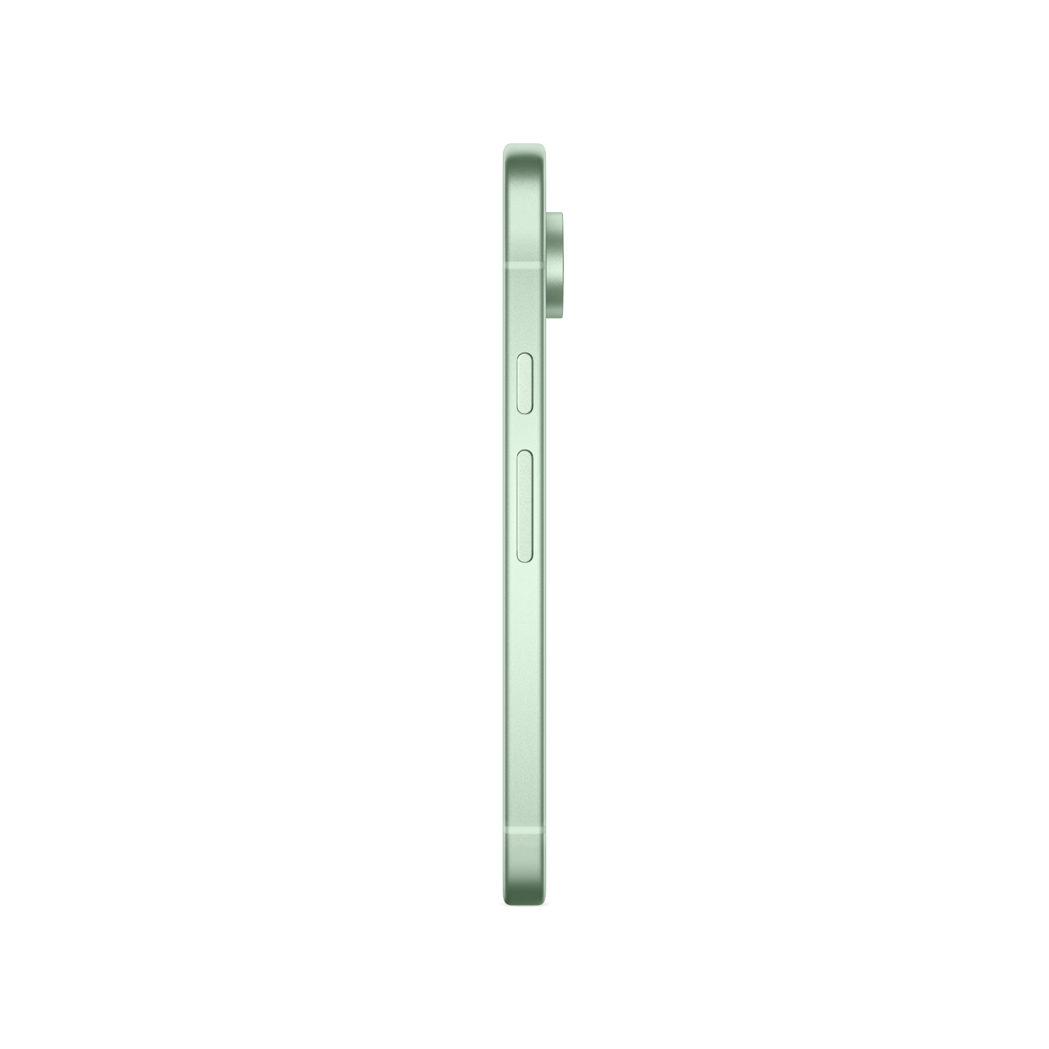 A side view of a light green smartphone, with a camera bump and volume buttons visible.