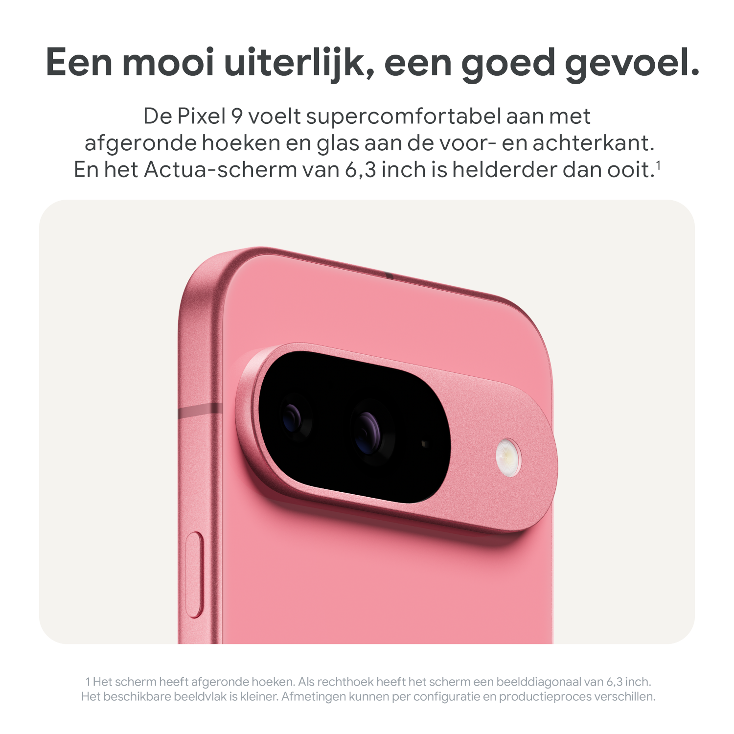 Close-up of a pink phone with a camera bump. Text and a white background.