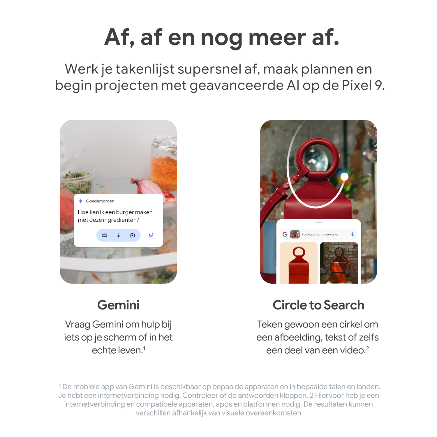 Two app screenshots with text in Dutch. One shows a fridge, the other a red search bar.