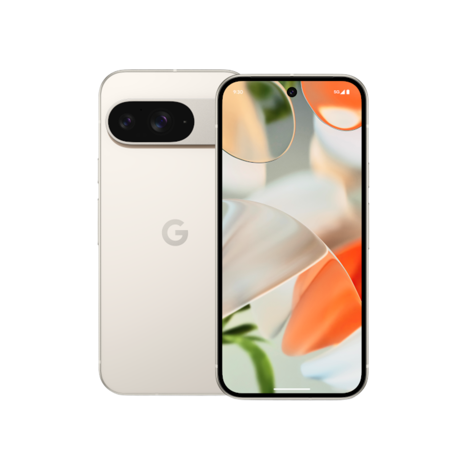 Two cream-colored phones with a dual-lens camera. One phone is laying down, the other is upright.