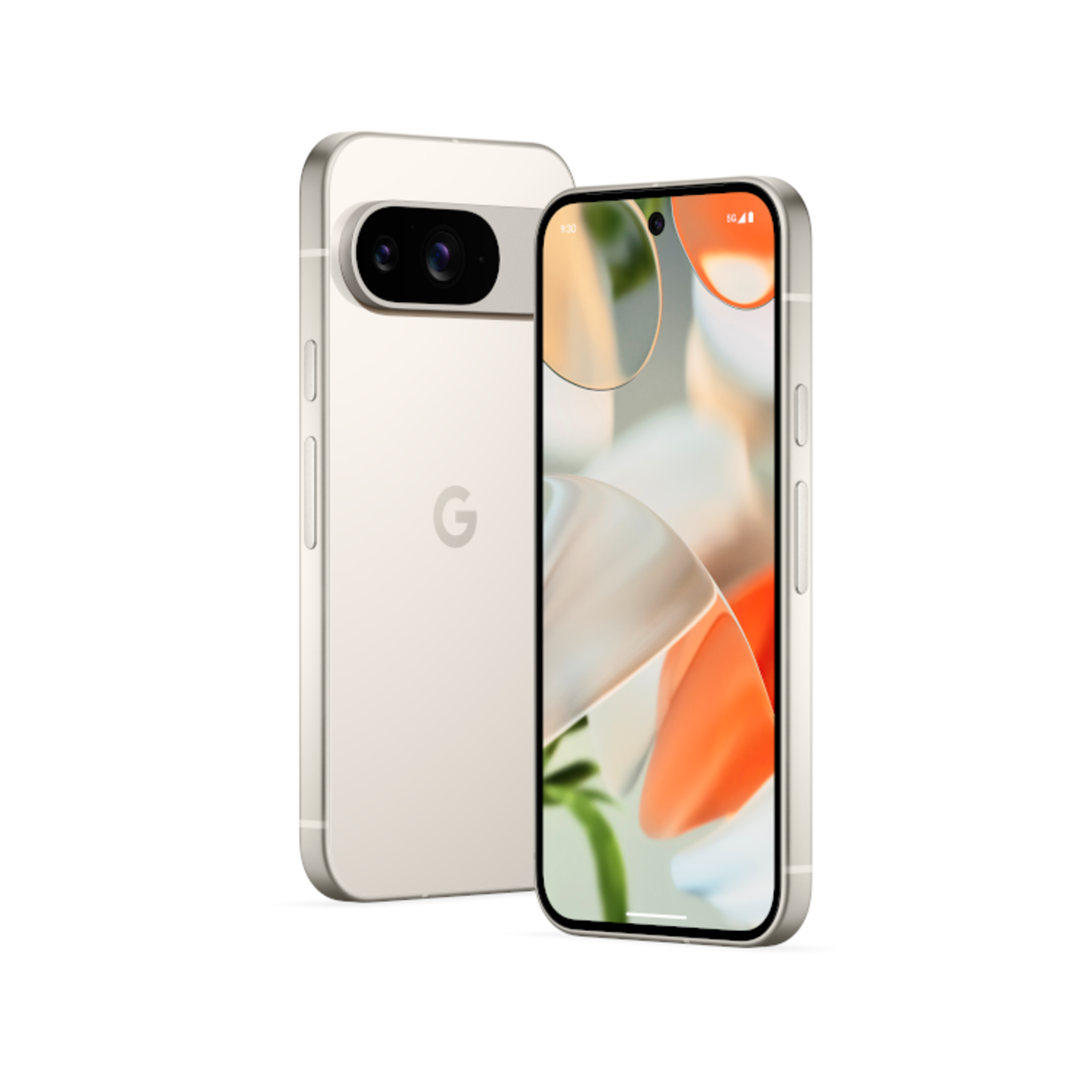 A light-colored phone with a camera bar and a display showing a colorful background.