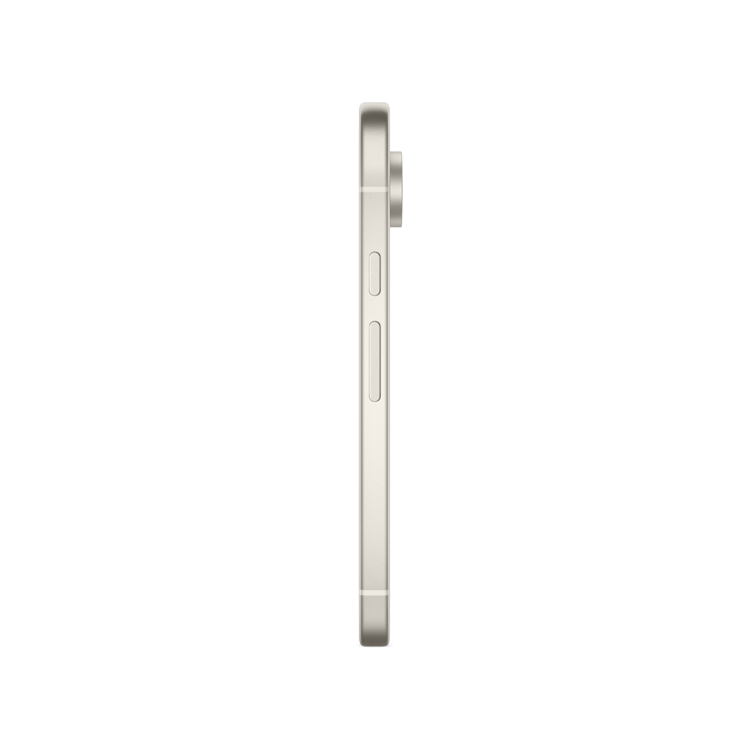 Silver phone side view with buttons and camera, white background.