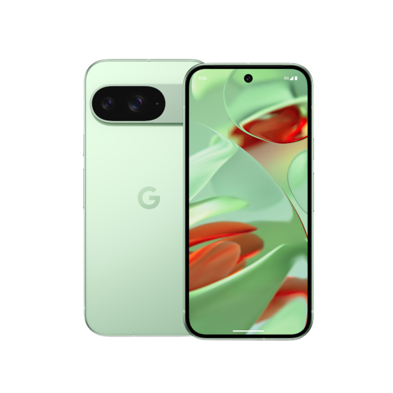 Green smartphone with a dual camera on the back and a screen showing abstract art.