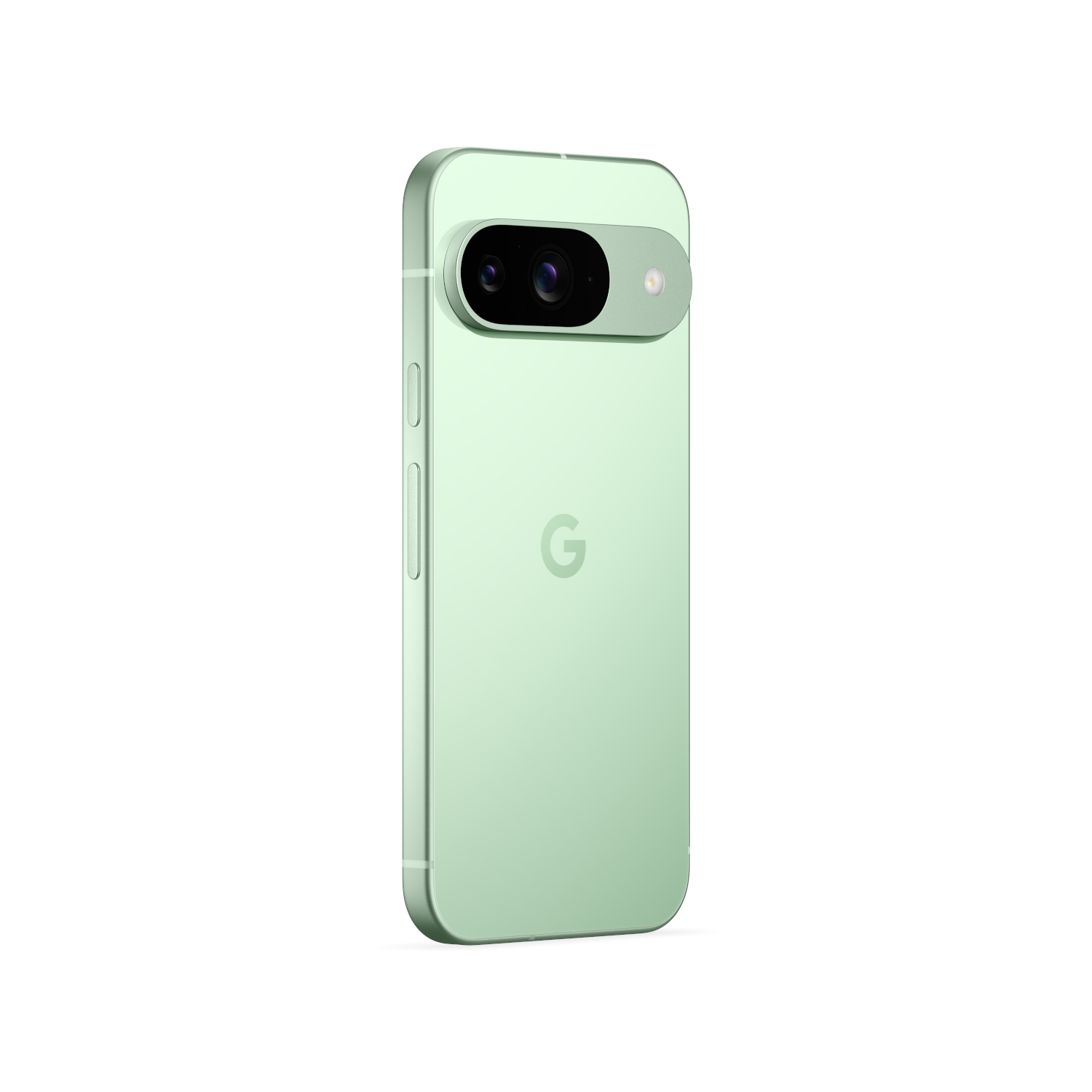 A light green phone with a camera bar. The back has a G logo on a white background.
