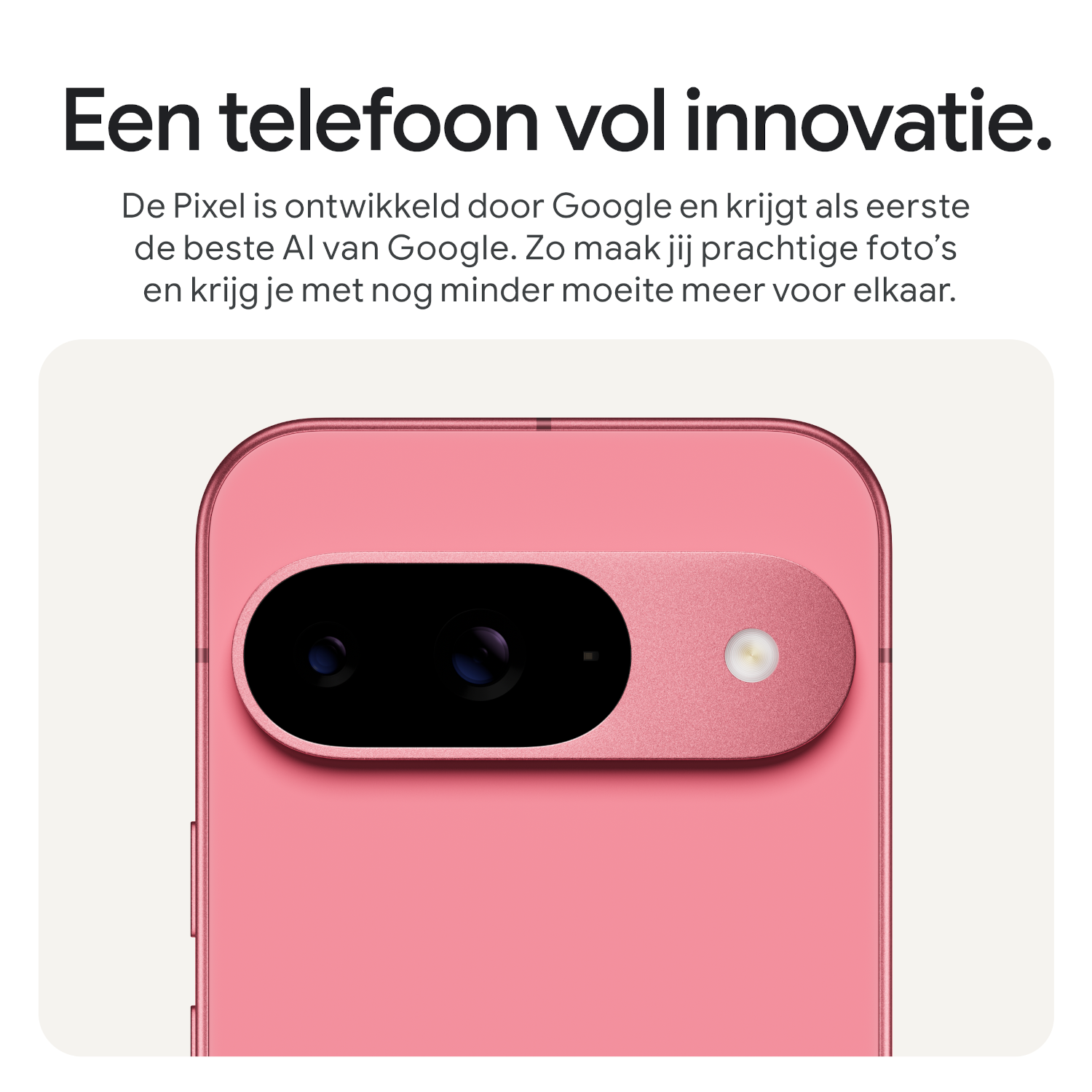 Phone showing a close-up of the back with the camera bar. Text states: "A phone full of innovation."