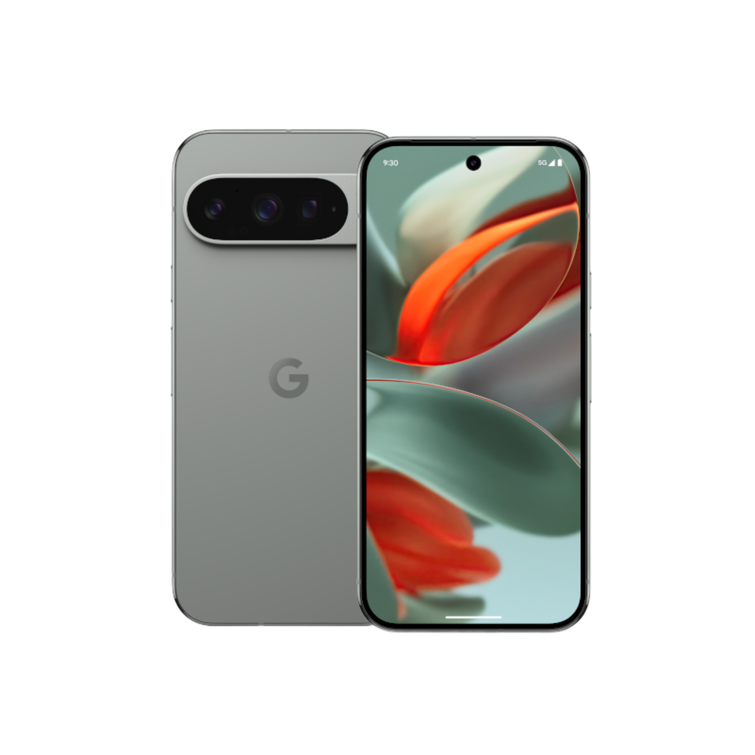 Een smartphone op een zwarte achtergrond. Hij is zilverkleurig met een drievoudige cameralens.
