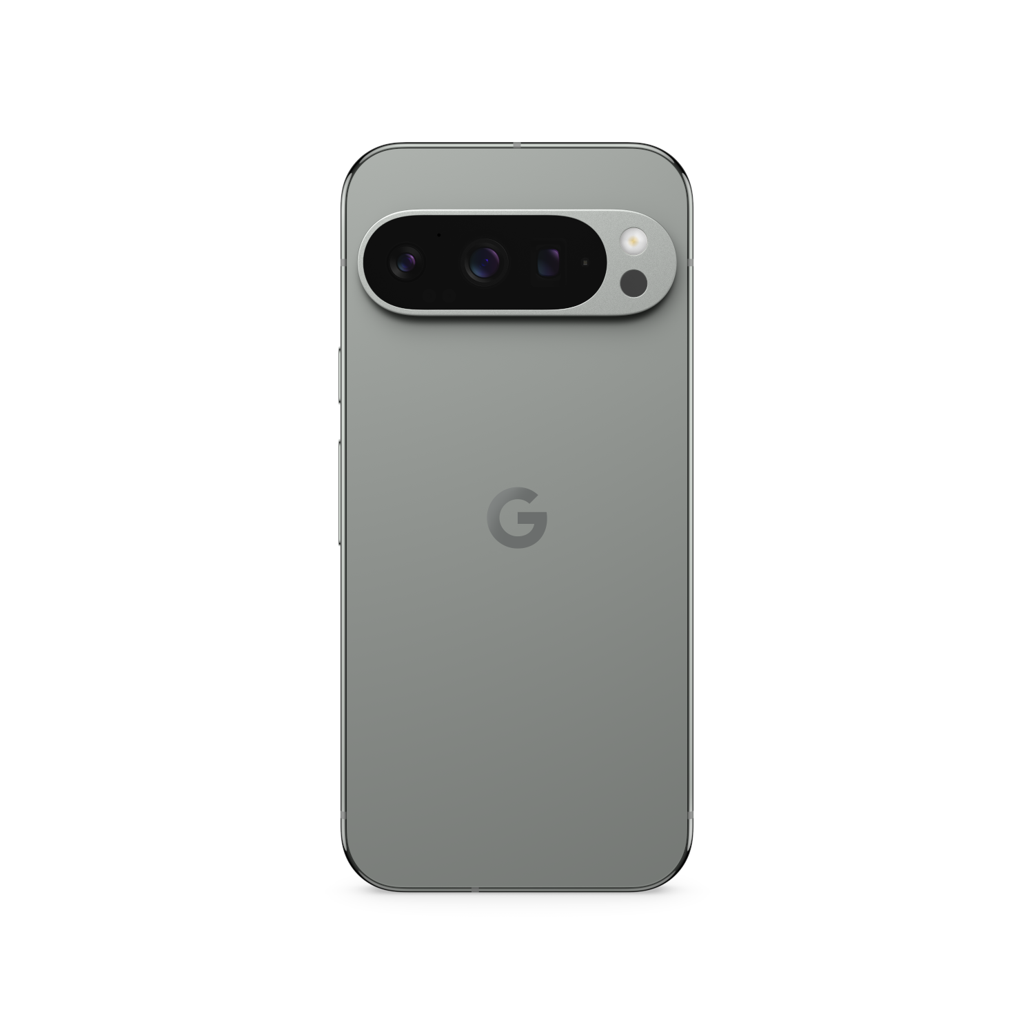 Een grijze smartphone met een camerabalk en een 'G'-logo op de achterkant, tegen een witte achtergrond.